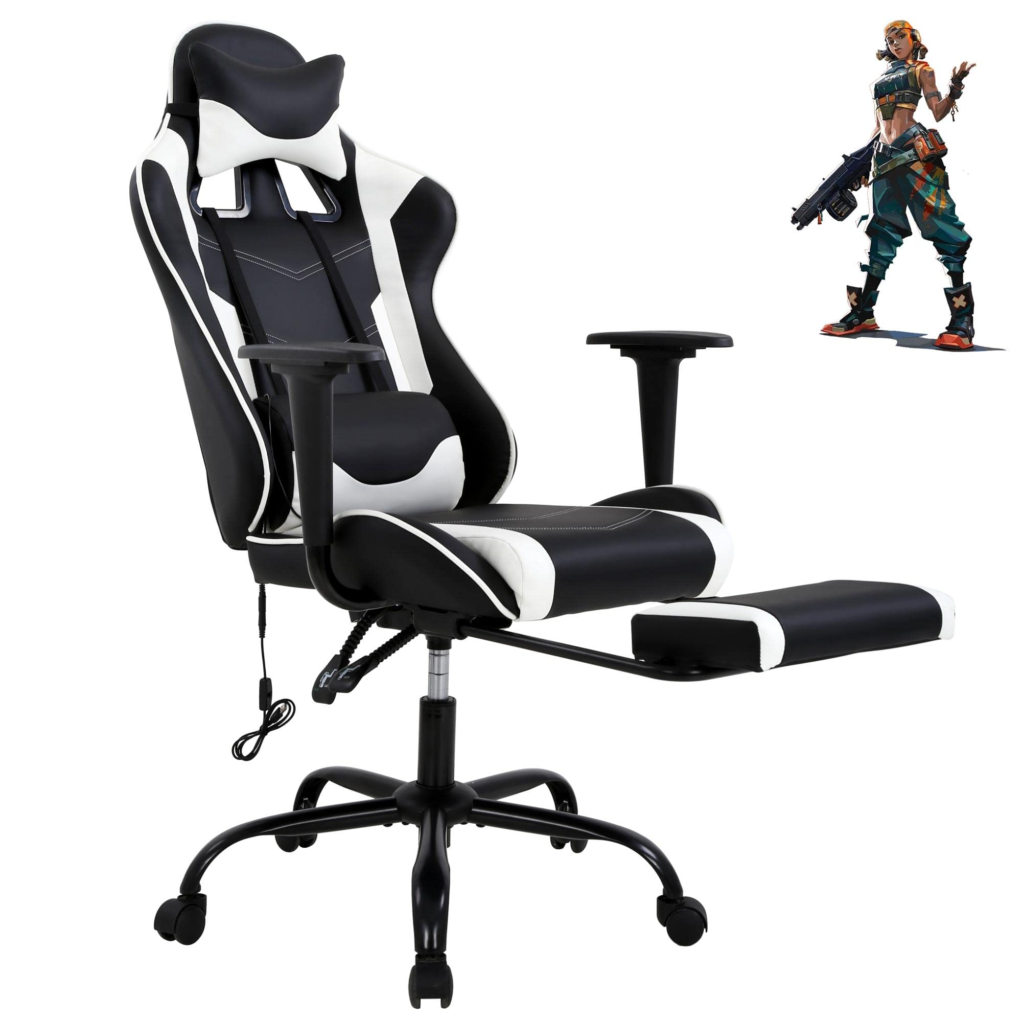 Premium Ergonomic PC Gaming Chair with Lumbar Support & Massage Function - Adjustable Racing Office Chair with Headrest & Footrest for Home & Work - White - Perfect for Long Gaming Sessions & Office Work