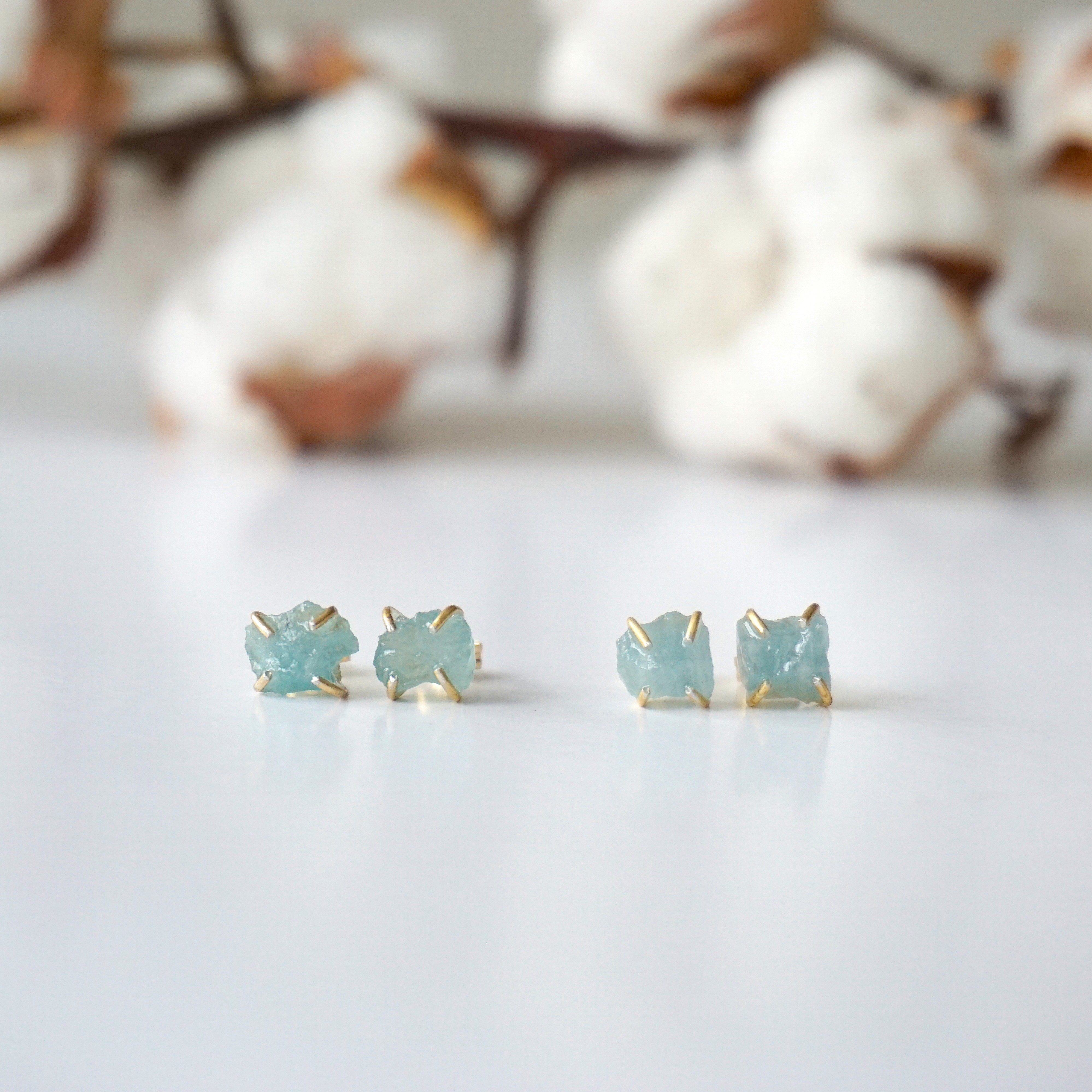 Natural Raw Aquamarine Huggie Stud Earrings - 14k Gold Filled Dainty Jewelry for Women - Perfect for Everyday Wear, Gifts & Special Occasions