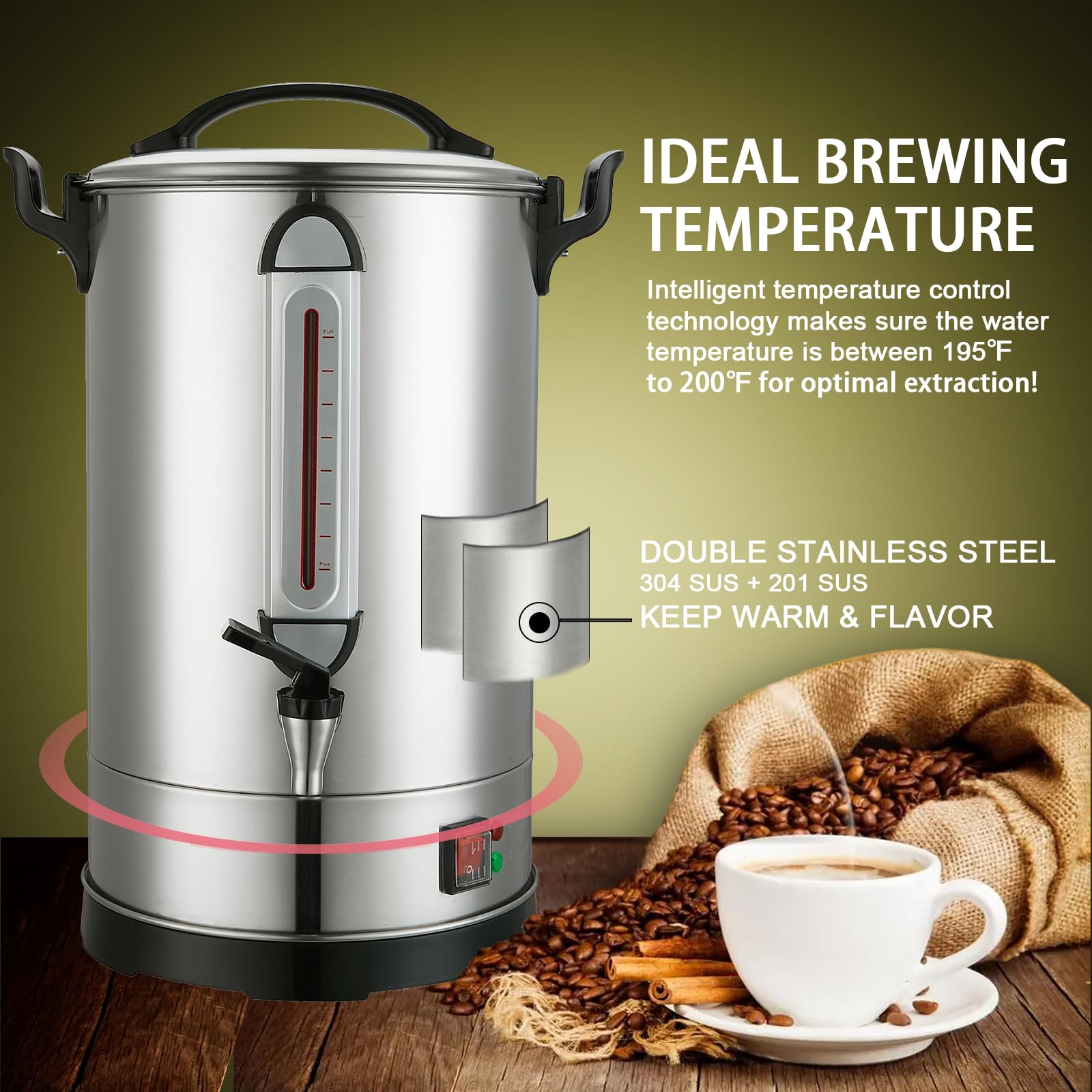 100 Cup Commercial Coffee Maker - 4.2Gal Stainless Steel for Weddings & Events