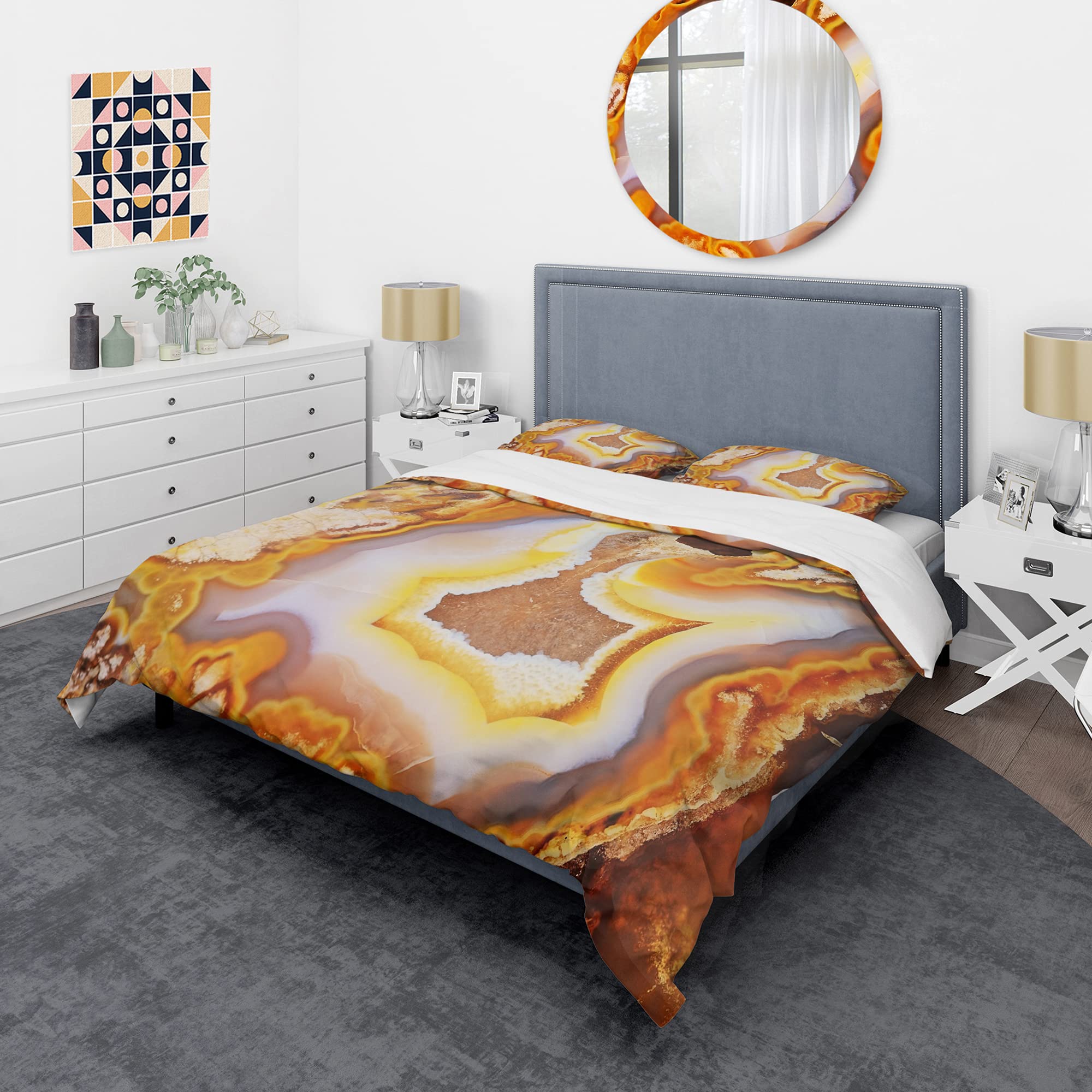 DesignQ Precious Brown Agate with Crystals Modern Duvet Cover Set - Gold Twin Size Abstract Bedding (3-Piece) | All-Season Luxury Bedding for Contemporary Bedrooms & Guest Rooms