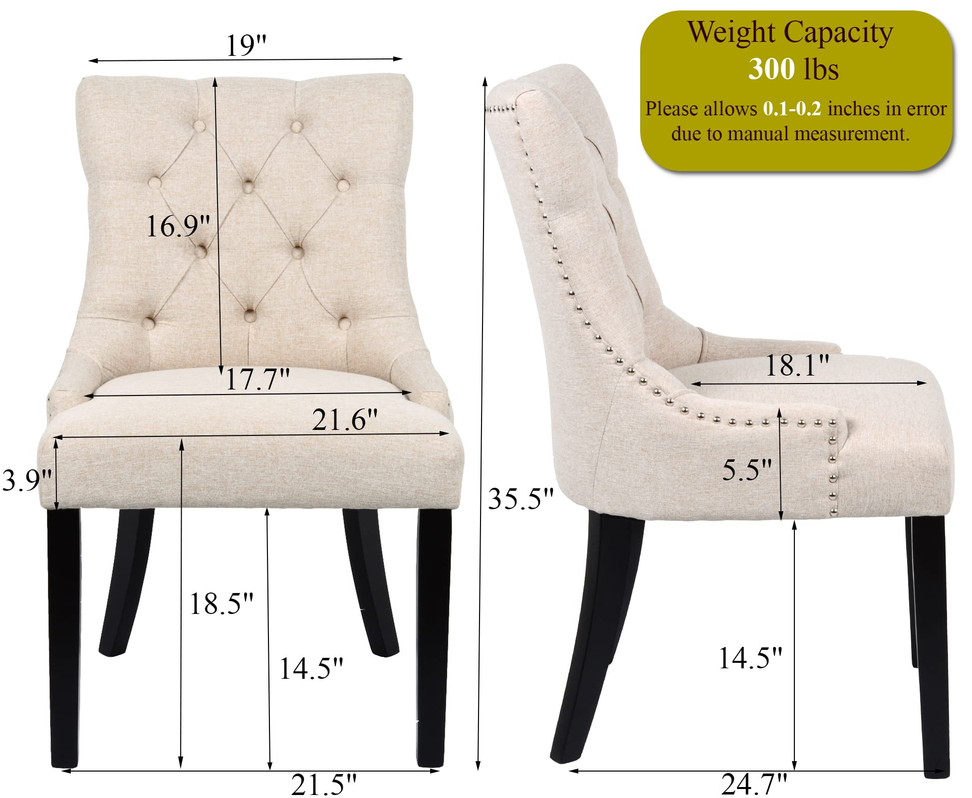 Modern Cream Fabric Tufted Dining Chairs Set of 2 - Upholstered Kitchen Chairs with Black Wood Legs for Dining Room & Living Room Accent | Comfortable Seating for Family Meals & Cozy Gatherings