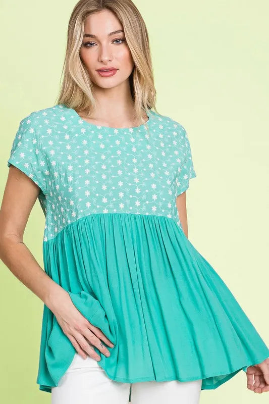 Women's Full Size Embroidered Mint Green Short Sleeve Pleated Babydoll Top - Casual Summer Blouse for Beach, Date Night & Everyday Wear