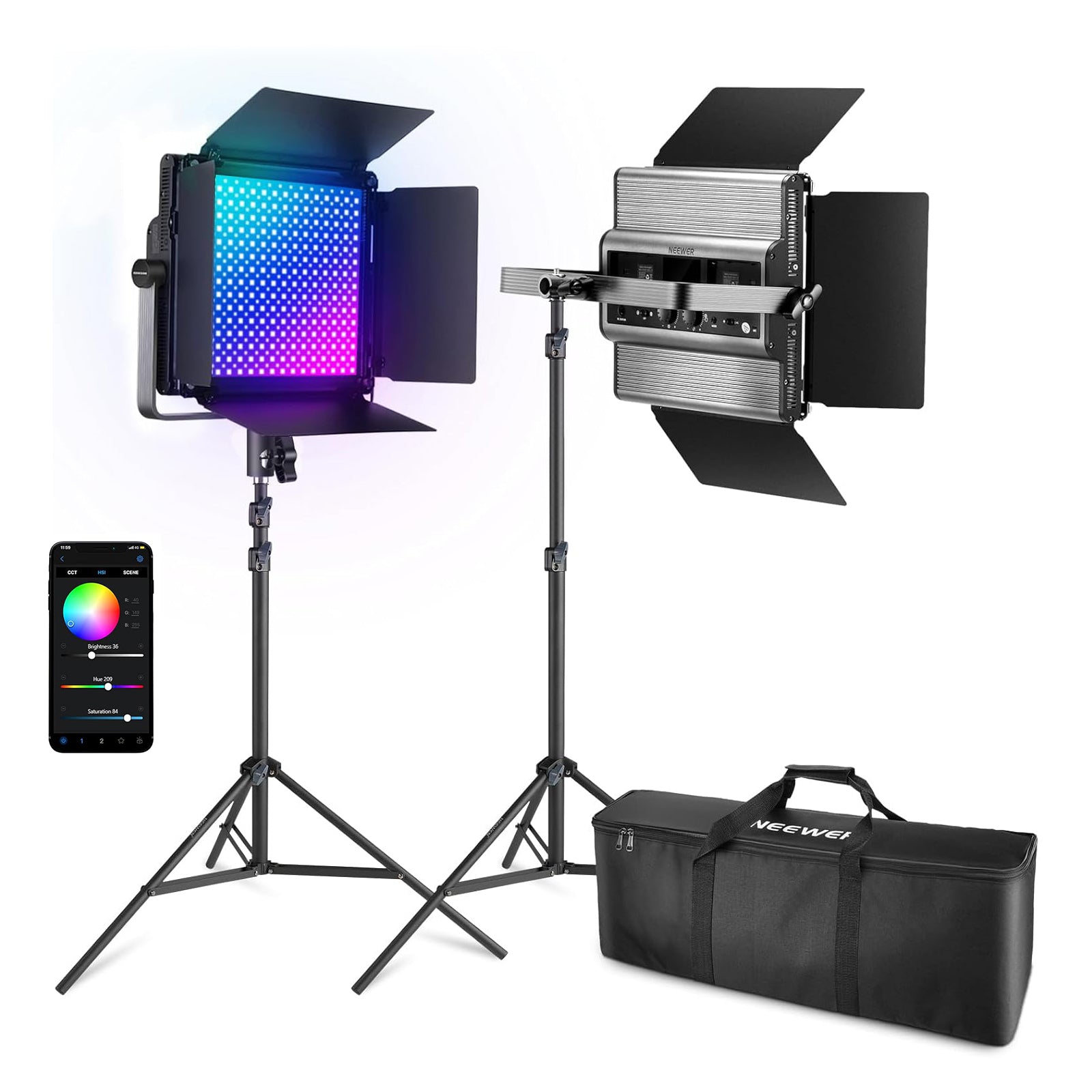 NEEWER 2 Pack RGB1200 LED Video Light Panel Kit with 3200K-5600K Adjustable Color Temperature, 1200 LEDs, Dimmable for YouTube, TikTok, Photography, Live Streaming & Studio Lighting
