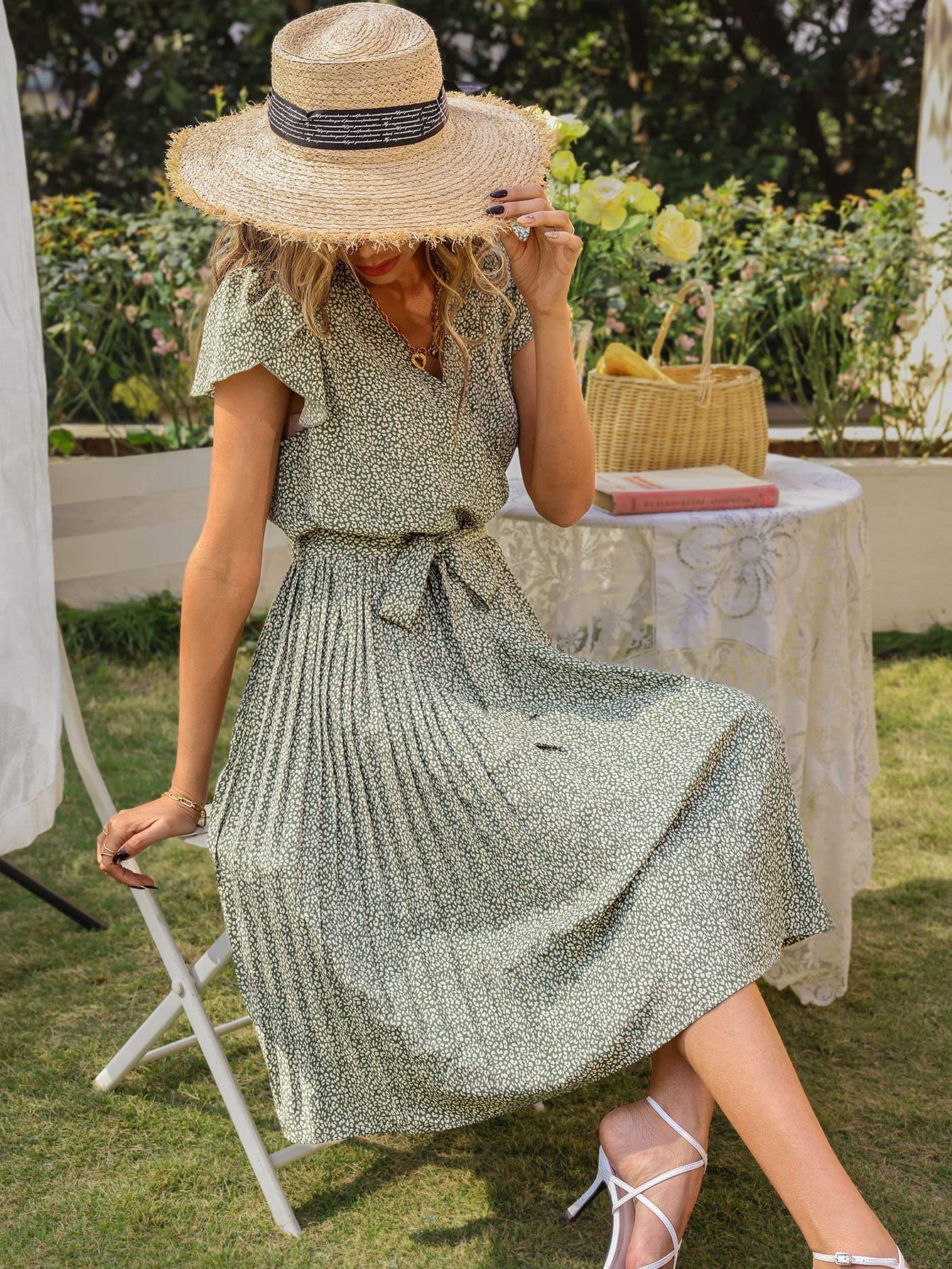 JANXLE Women's Floral Print Pleated Belted Dress with Petal Sleeves - Mint Green, Size Large - Perfect for Spring Weddings, Garden Parties & Date Nights