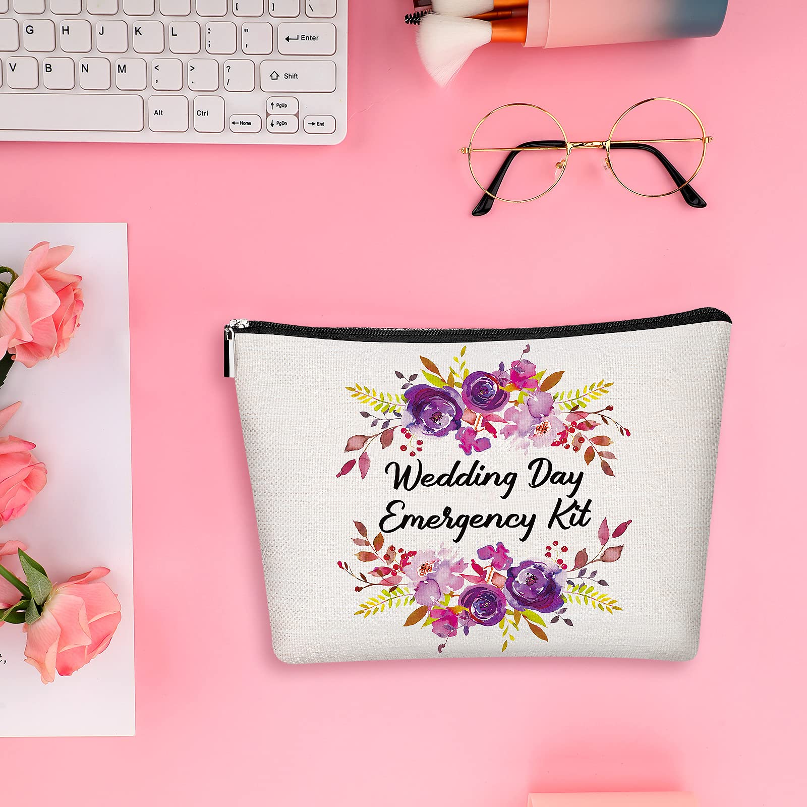 Elegant Floral Wedding Survival Kit - Essential Bride Emergency Supplies with Makeup Bag | Perfect Bridal Shower Gift, Engagement Present & Wedding Day Must-Have for Brides (Great for Outdoor Weddings, Destination Weddings & Last-Minute Emergencies)