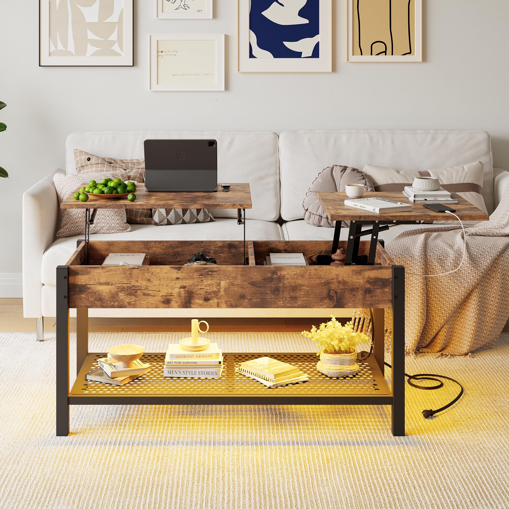 Lift Top Coffee Table with Storage & LED Lights - 41.7