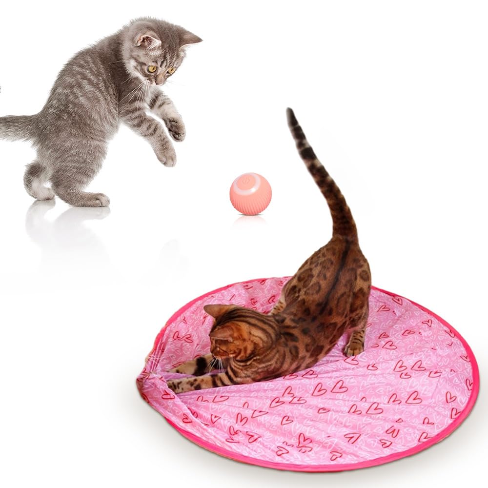 2 in 1 Interactive Electronic Cat Toy - Automatic Hunting Simulation with Ball & Tunnel - Rechargeable Fun Pet Toy for Indoor Play - Perfect Gift for Cat Lovers (Pink)