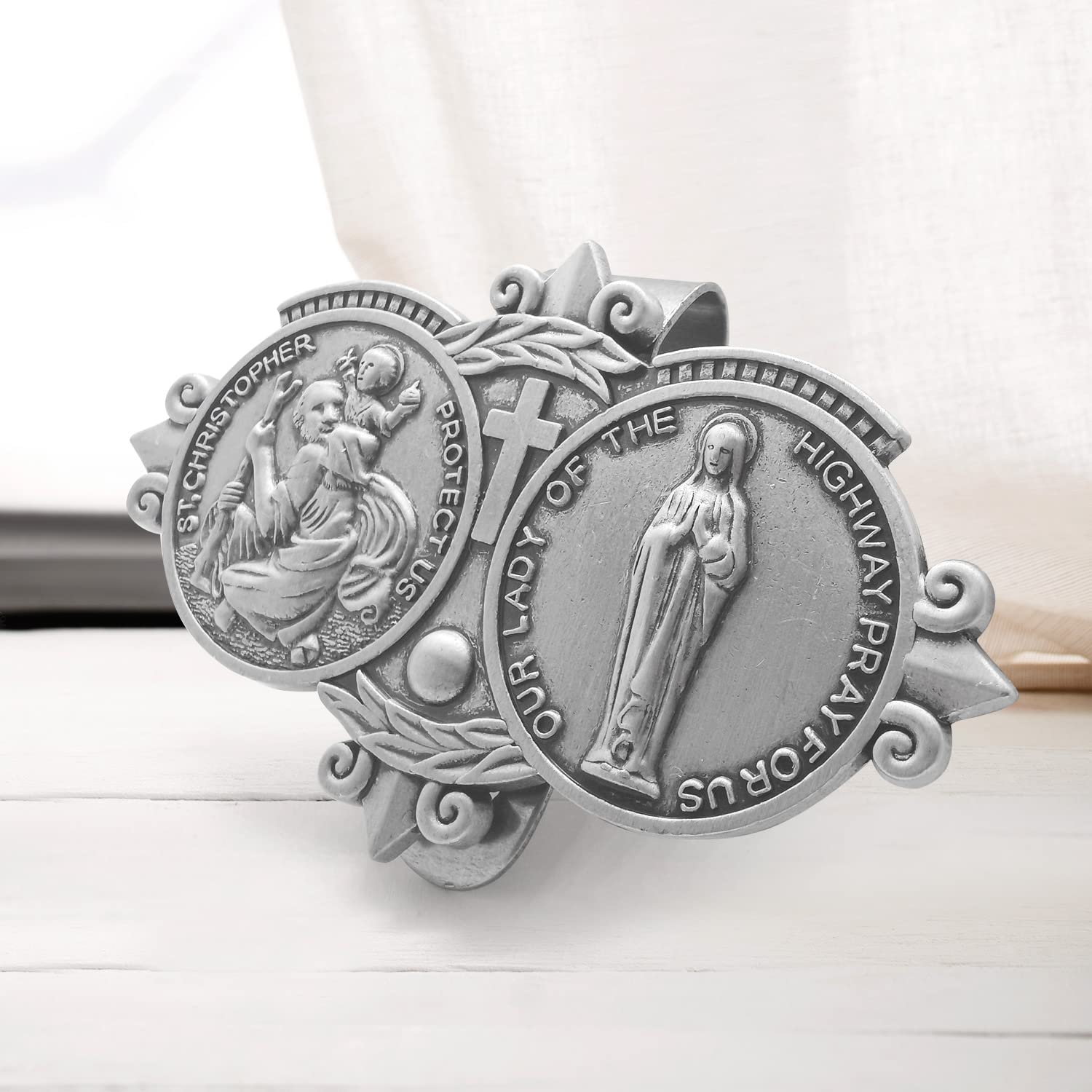 Saint Christopher Medal for Car Visor Clip - Religious Car Travel Accessories for Safe Driving - Perfect Gift for Drivers & Road Trip Protection (Saint Christopher & Our Lady of The Highway) - Ideal for Long Distance Travel, Commuting and Highway Safety