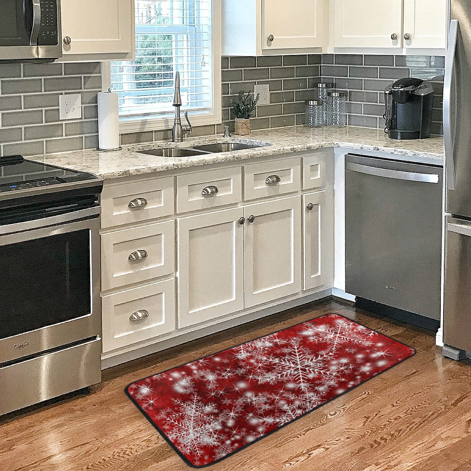 Festive Christmas Kitchen Runner Rug with Snowflake Design - Non-Slip Holiday Doormat for Bathroom, Kitchen & Indoor Use (39