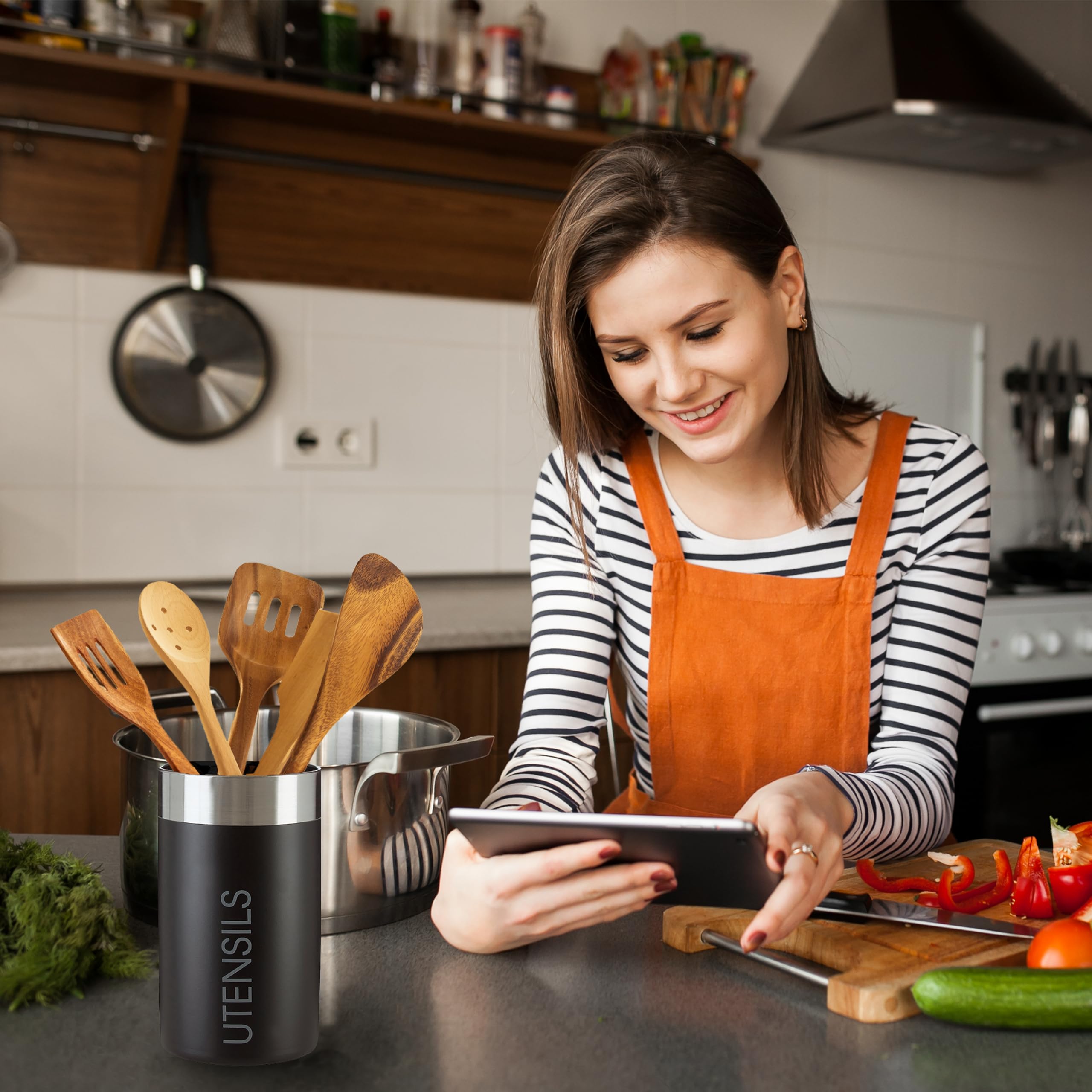 Premium Black Chrome Kitchen Utensil Holder & Organizer - Sturdy Cylindrical Cutlery Storage Container for Spoons, Forks & Cooking Tools - Perfect for Countertop, Drawer or Cabinet Organization