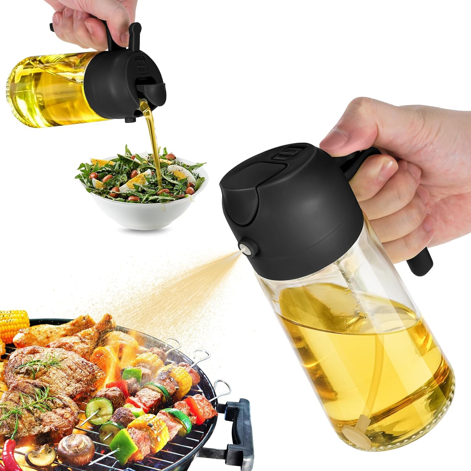 2 in 1 Glass Oil Sprayer & Dispenser - 16oz Food-Grade Kitchen Oil Spray Bottle with Pourer for Cooking, Salad Dressing & Frying - Perfect for Healthy Cooking & Meal Prep (Black)