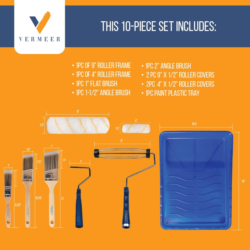 Vermeer Paint Roller Kit - 10-Piece All-in-One Painting Set with Plastic Tray, Rollers & Brushes for All Paints & Stains - Perfect for Home DIY Projects, Wall Painting & Furniture Refinishing