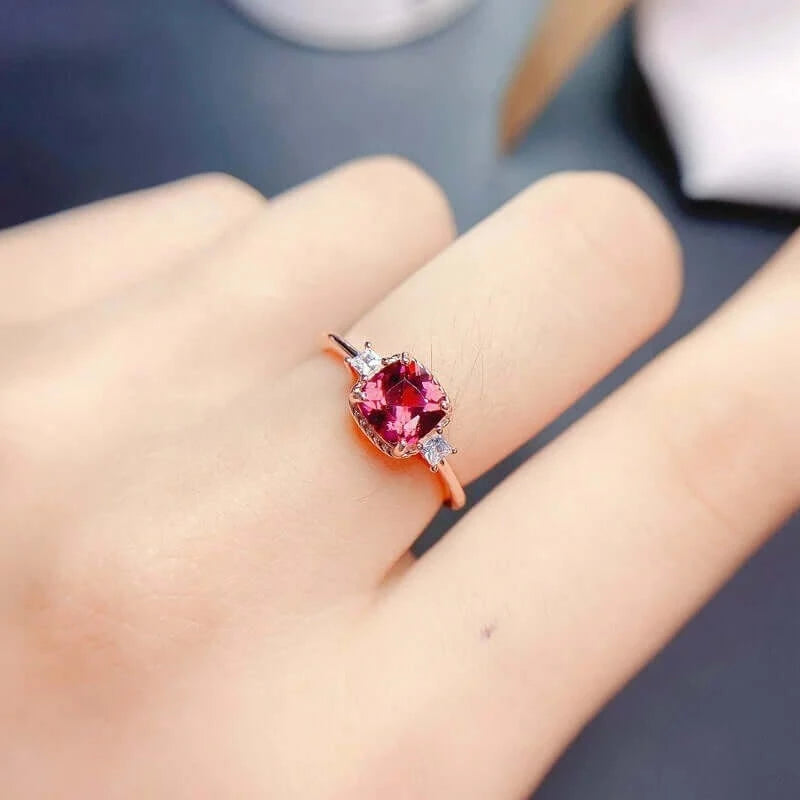 Rhodolite Red Garnet Three Stone Ring | 14K Gold Plated | Elegant Jewelry for Women | Perfect for Weddings, Anniversaries & Special Occasions