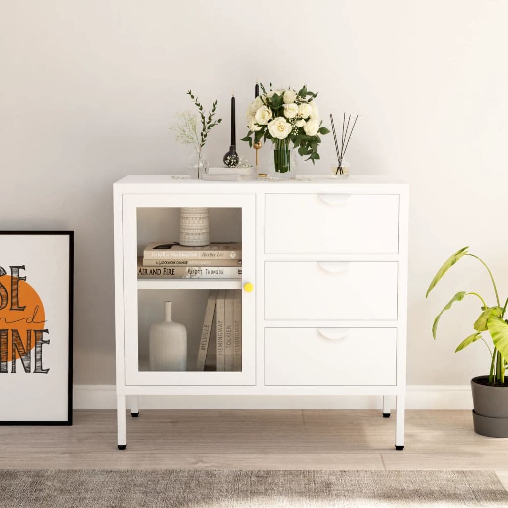 FAMIROSA Modern White Steel Sideboard Cabinet with 3 Drawers & Adjustable Shelf - 29.5