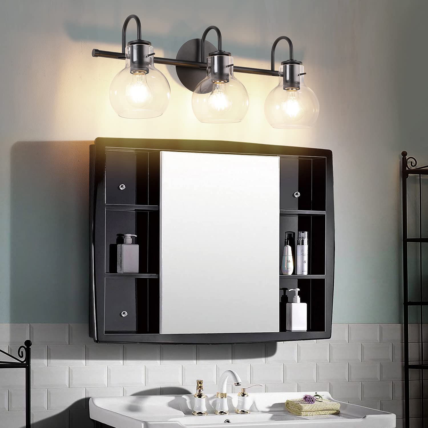 SOLFART Modern Bathroom Vanity Light Fixtures - 3-Light Wall Sconce with Matt Black Base & Glass Globe Shades for Mirror Lighting | Perfect for Bathroom, Powder Room & Dressing Room Illumination