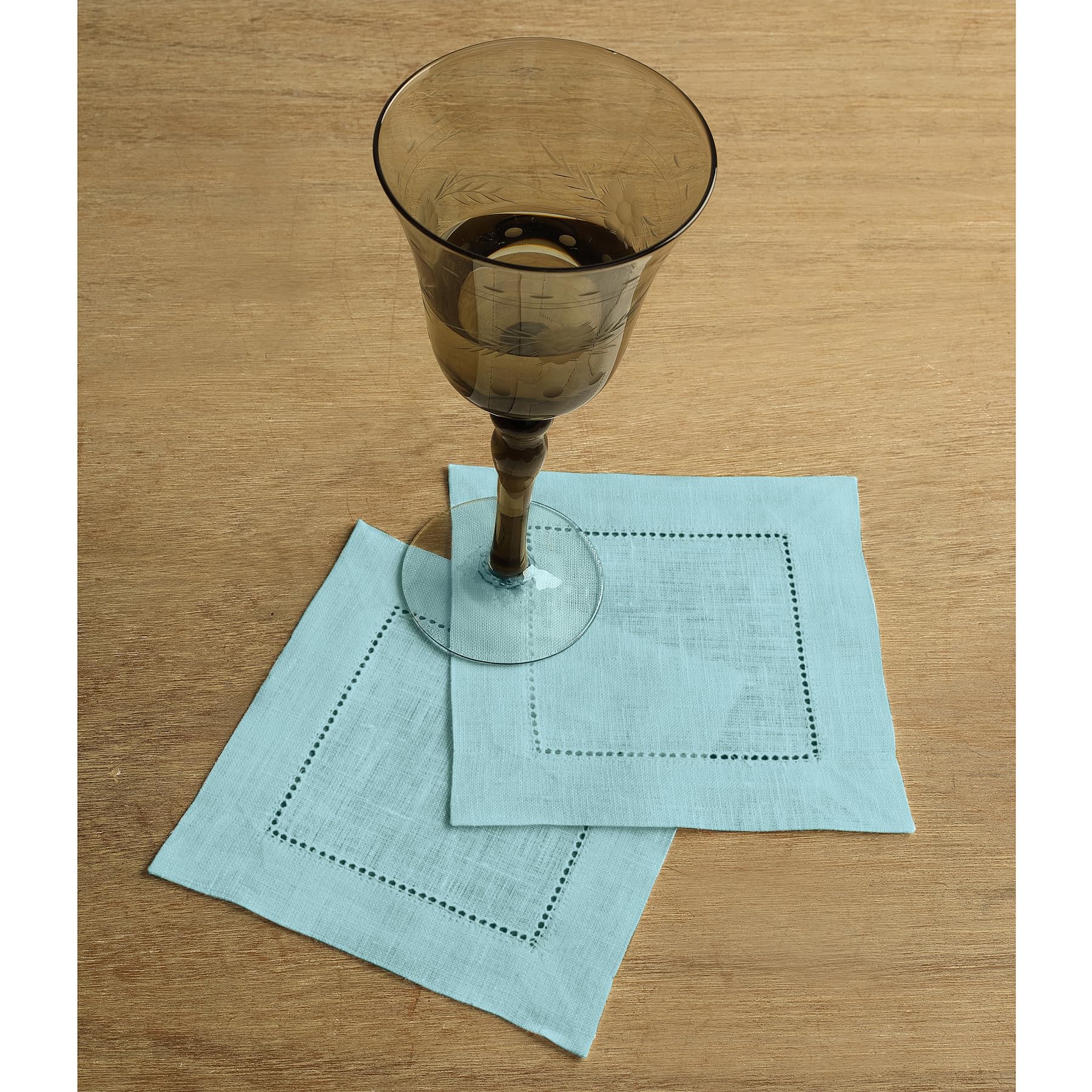 Premium 100% Pure Linen Cocktail Napkins Set of 12 - 6x6 Inch Aqua Blue Hemstitch Cloth Napkins for Parties, Weddings & Elegant Dining - Solino Home Linen