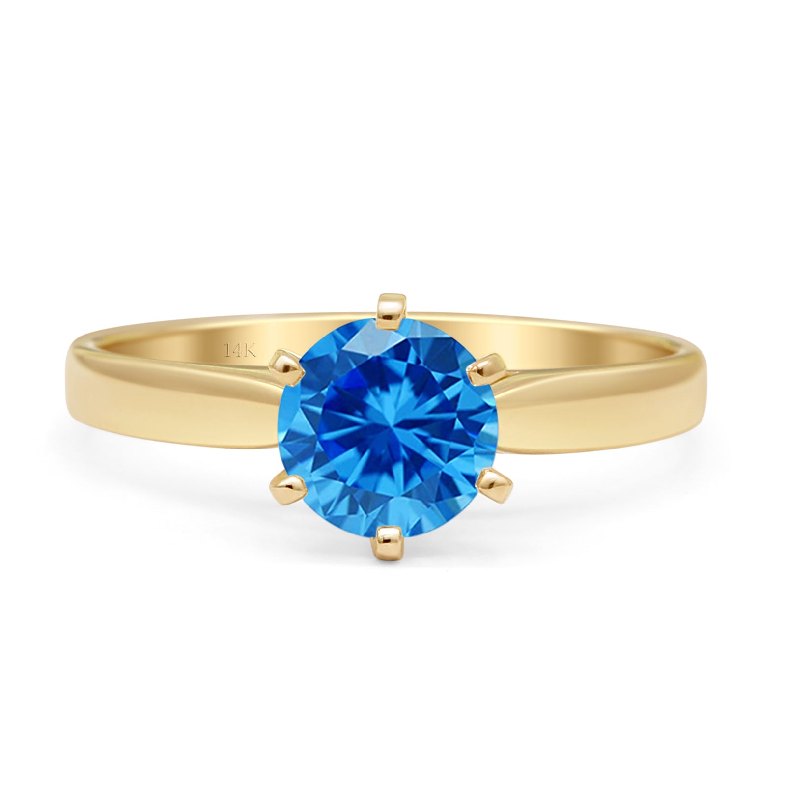 14K Yellow Gold Round Solitaire Blue Topaz CZ Art Deco Ring for Women - Elegant Vintage Inspired Engagement & Promise Ring for Anniversary, Valentine's Day Gift
