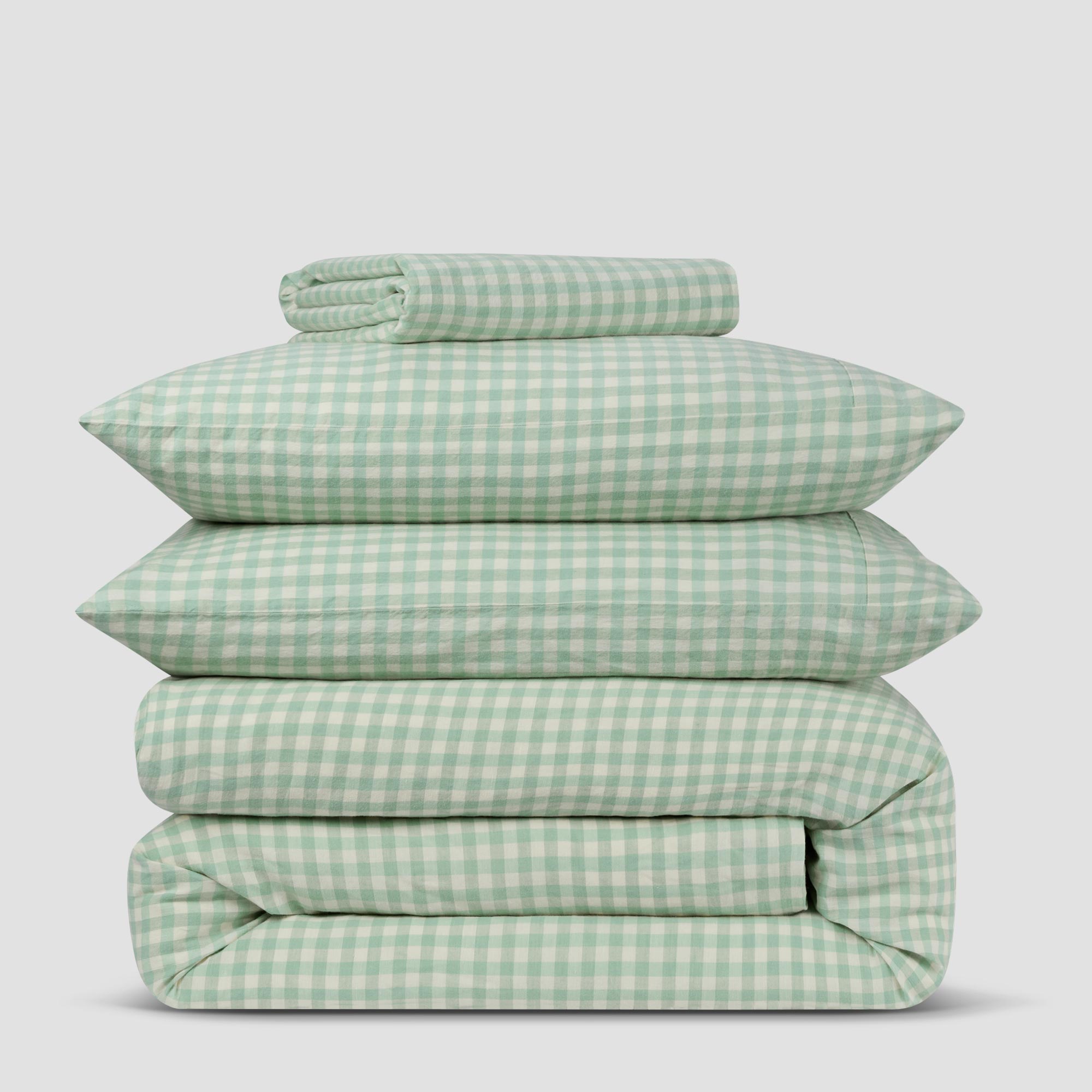Sage Green Gingham Linen Blend Flat Sheet - Queen Size 100% Organic Cotton Bed Sheet Set for Comfortable Sleep | Perfect for Guest Rooms, Master Bedrooms & Dorm Essentials