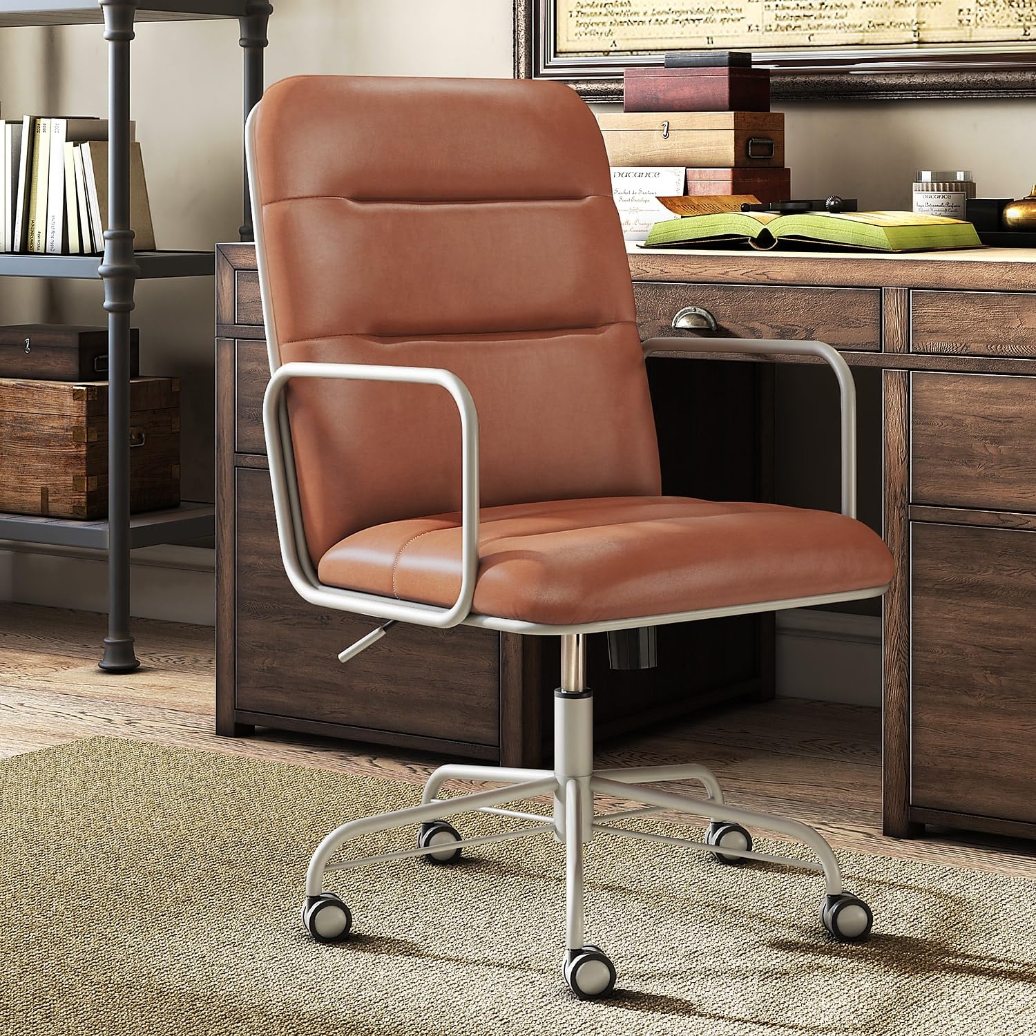 Finch Franklin Bonded Leather Office Chair with Adjustable Height and Lumbar Support - Camel Brown Executive Desk Chair for Home & Office (CHR10060B) - Perfect for Long Work Hours, Gaming, and Conference Rooms