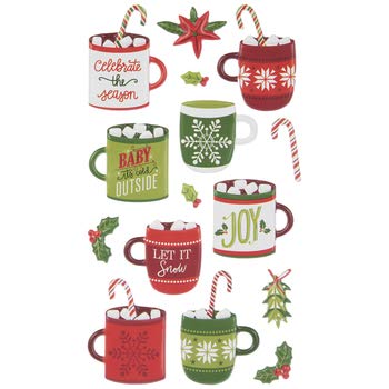 Christmas Hot Cocoa Mugs Puffy Stickers - 16 Pack Cute Holiday Decals for Scrapbooking, Gift Wrapping & DIY Crafts