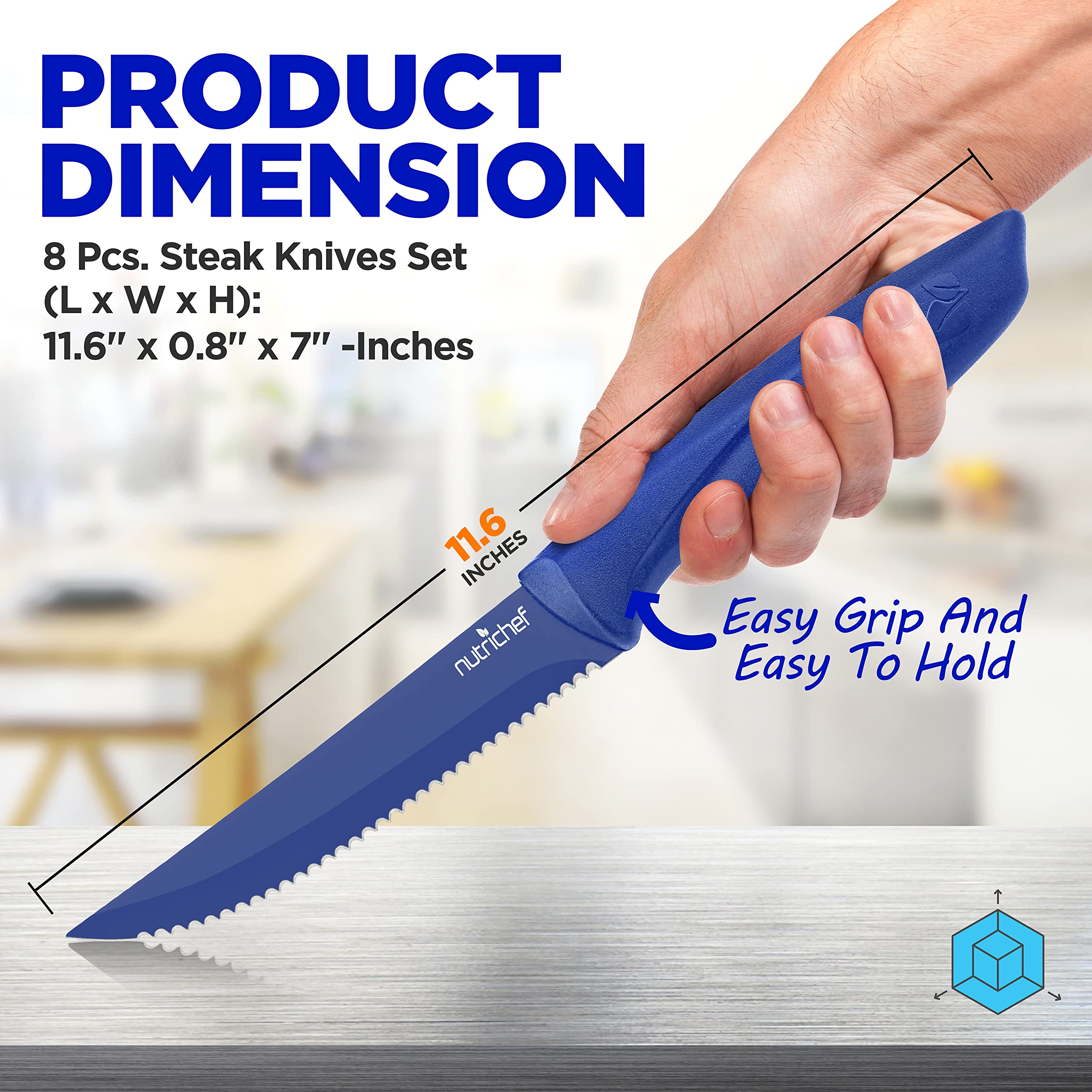 NutriChef 8-Piece Stainless Steel Kitchen Knife Set - Ergonomic Non-Stick Serrated Blades for Meat, Vegetables & Fruits - Durable Unbreakable Knives for Cooking, BBQ, Grilling & Food Prep - Perfect for Home Chefs & Outdoor Camping (Blue, NCSK8BU)