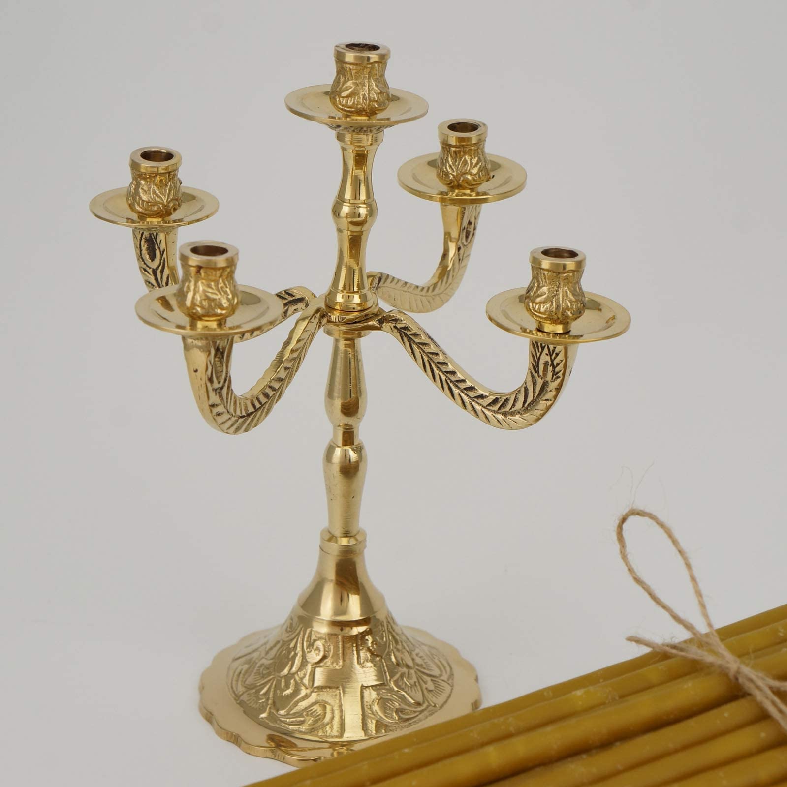 Traditional Orthodox Brass Candelabra with 5 Arms - Includes 100 Pure Beeswax Candles for Prayer Corner, Home Altar & Church Decor | Religious Candle Holder for Orthodox Christian Worship, Meditation & Spiritual Spaces
