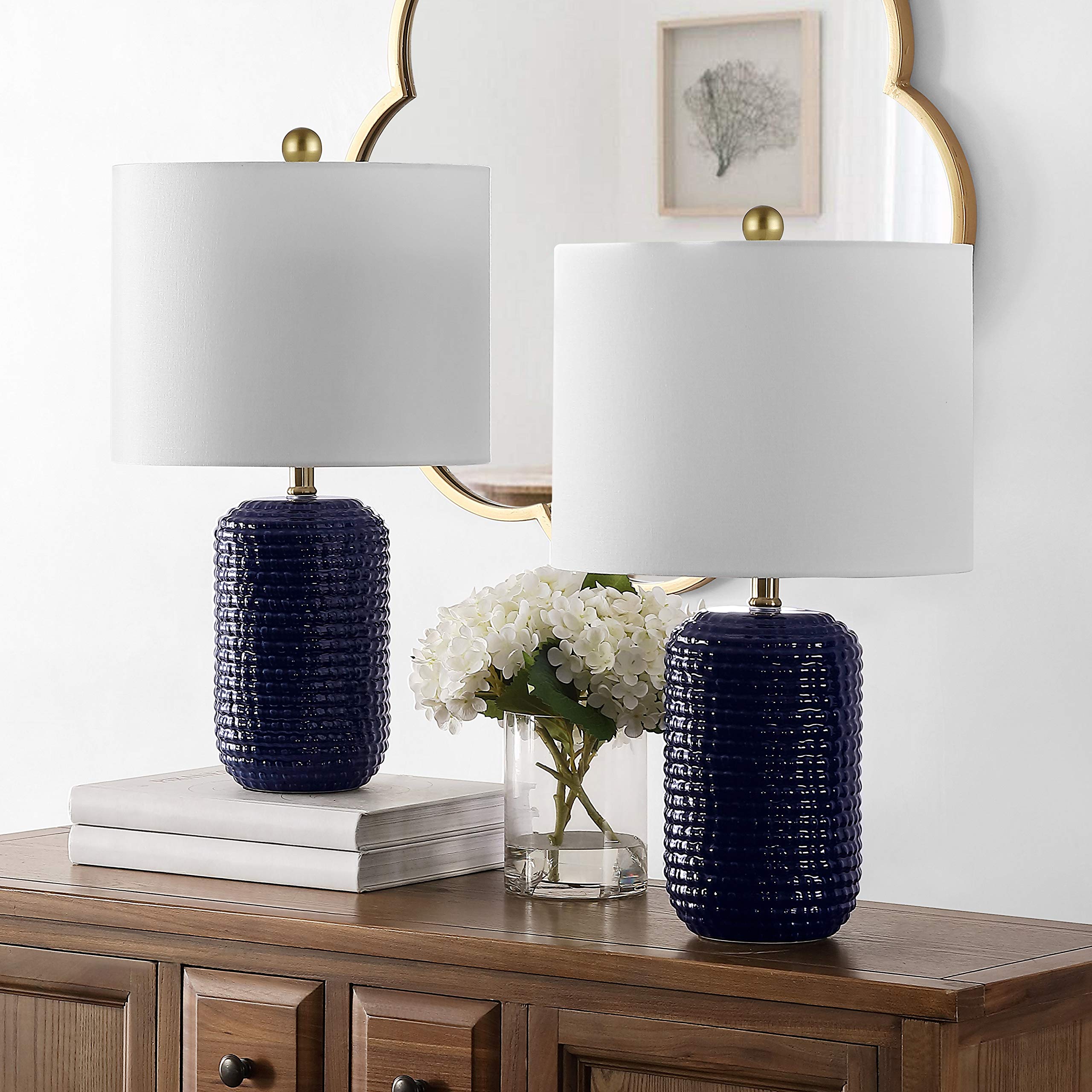SAFAVIEH Jace 22-inch Modern Navy Blue Ceramic Table Lamp Set of 2 with LED Bulbs - Bedroom, Living Room, Home Office & Nightstand Lighting for Cozy Ambiance & Stylish Decor