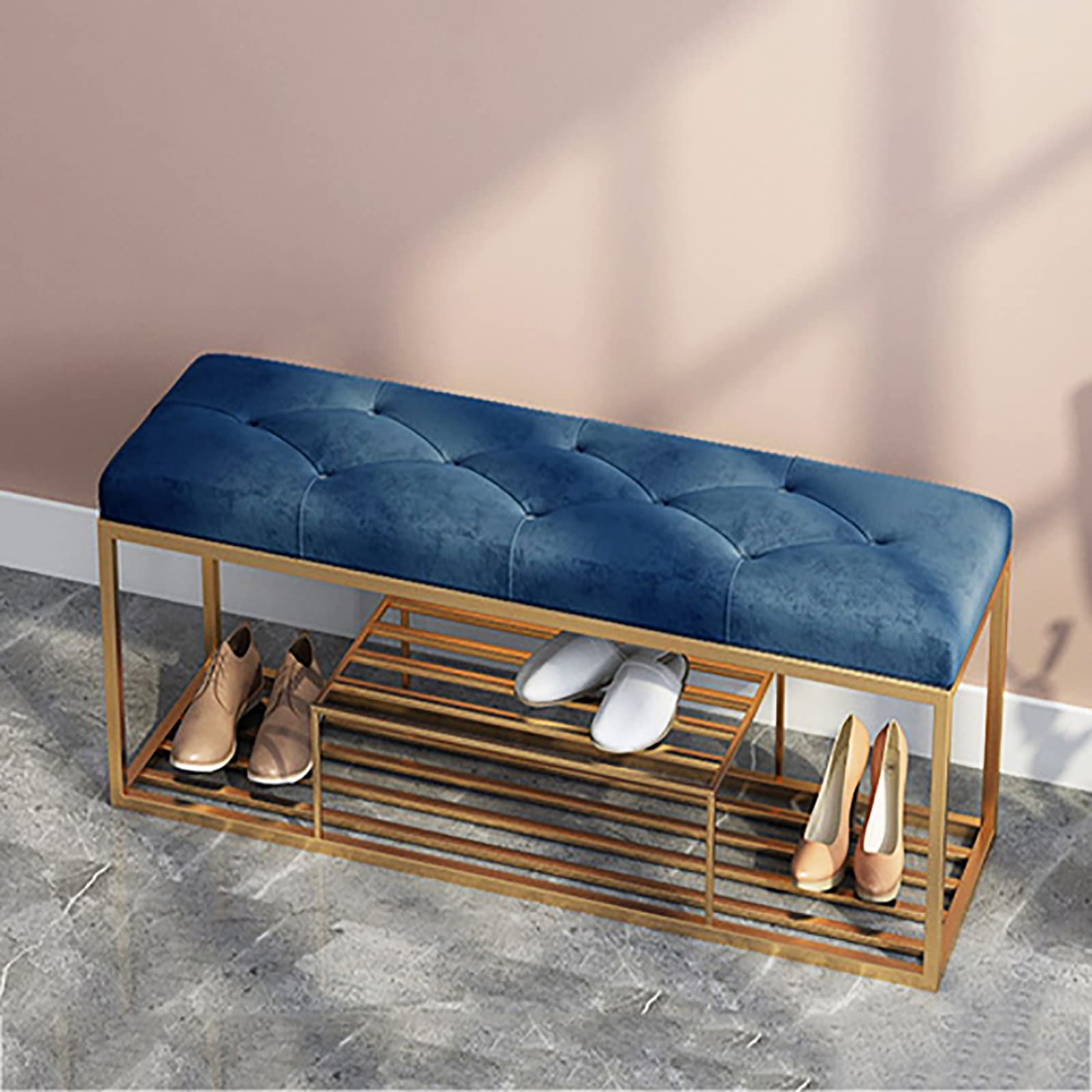 Modern Velvet Upholstered Shoe Bench with Storage - Blue Entryway Organizer (80x30x45cm/31x12x18in) - Luxury Shoe Rack & Seating for Hallway, Bedroom, or Closet Organization