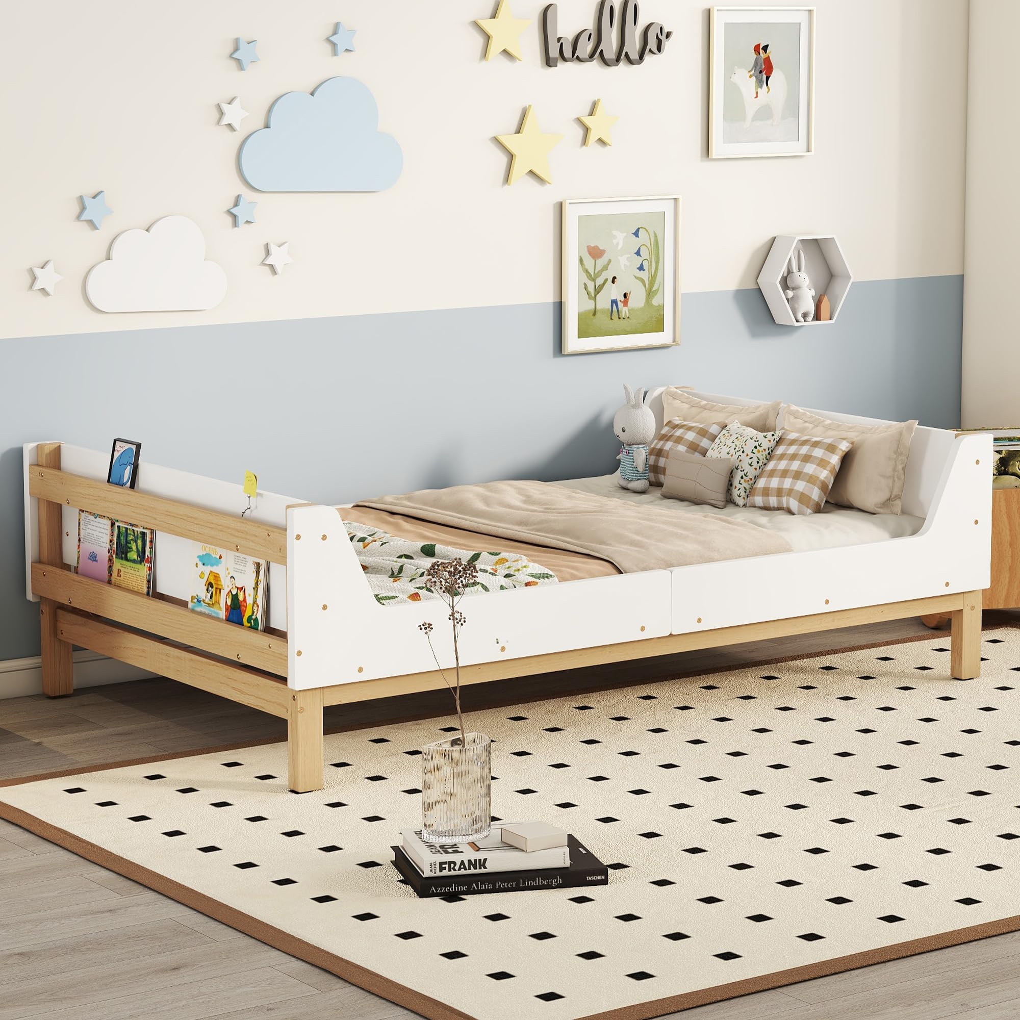 **Twin Size Wooden Bed Frame with Headboard & Footboard - Sturdy Platform Bed with Built-in Book Storage Shelf, No Box Spring Needed, Quiet & Durable - Perfect for Kids' Bedroom, Dorm, or Guest Room (White)**