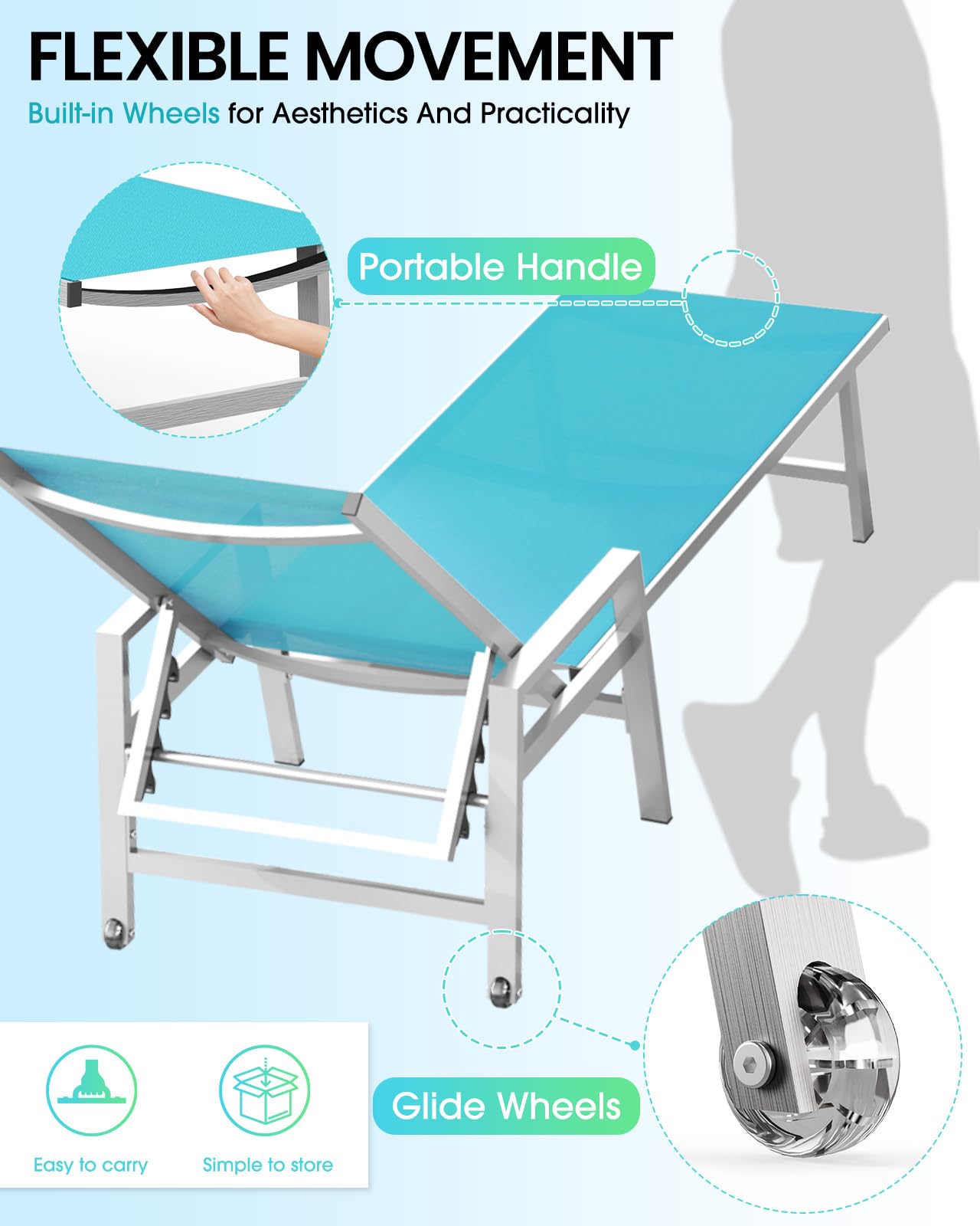 Premium Aluminum Patio Chaise Lounge Chair Set of 2 - 5-Position Adjustable Recliner with Wheels & Armrests - Outdoor Poolside, Beach, Deck & Yard Furniture - Perfect for Sunbathing, Relaxing by the Pool or Lakeside in Lake Blue