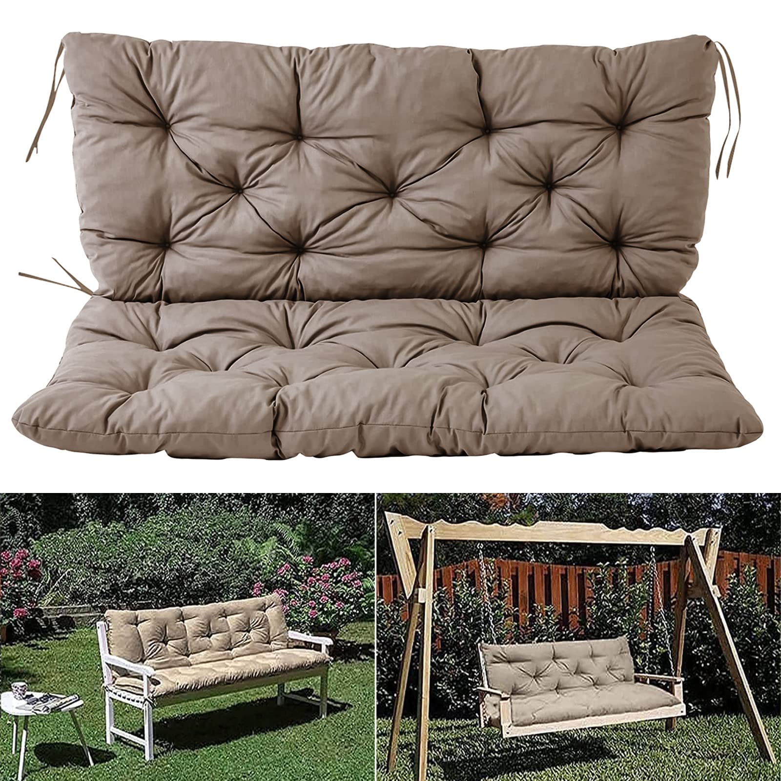 3-Seater Outdoor Swing Cushion with Backrest - Waterproof Replacement Patio Cushion with Tie Straps - Thick Garden Bench Pad for Loveseat/Settee (Khaki, 39.3x39.3x3.9 Inches) - Perfect for Porch, Deck, and Backyard Relaxation