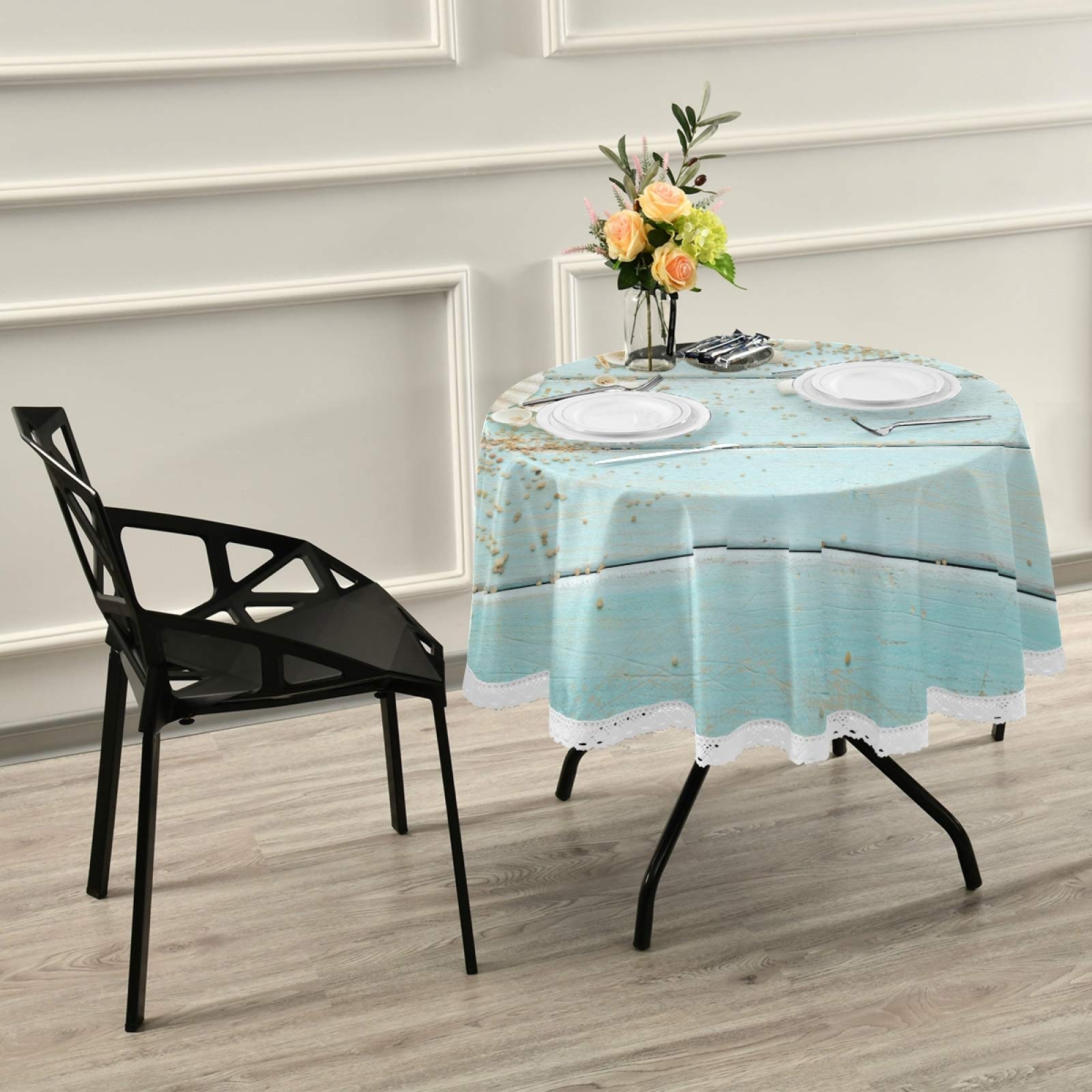 Turquoise Teal Round Seashell Starfish Wooden Tablecloth - 60 Inch Washable Polyester Ocean Beach Theme Table Cover for Kitchen, Dining, Party & Picnic Decor | Perfect for Coastal Home Decor, Beach Weddings, and Summer Entertaining