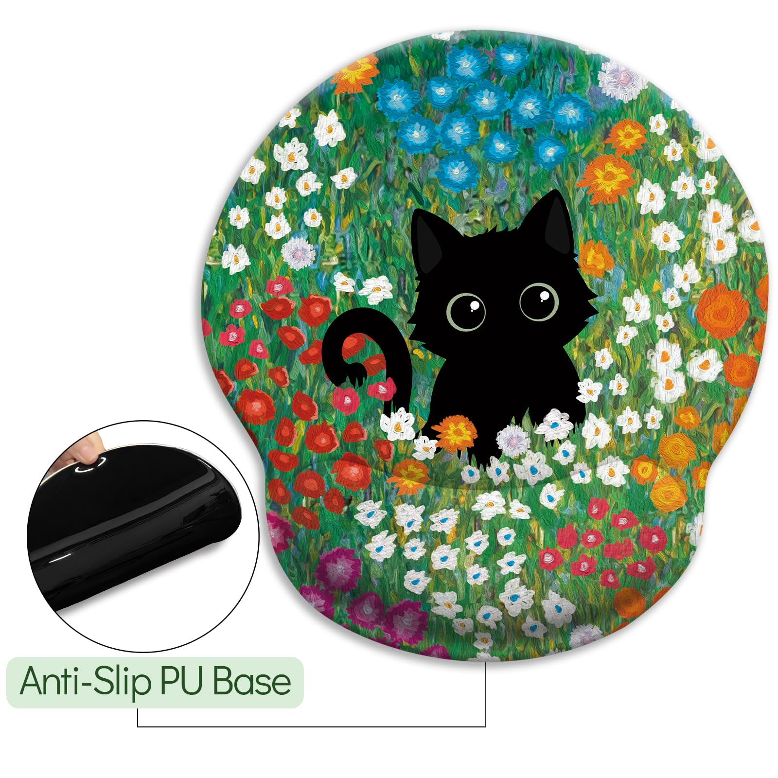 Black Cat Ergonomic Mouse Pad with Wrist Rest - Non-Slip Gaming Mouse Pad with Pain Relief PU Base - Cute Office Desk Accessories for Work & Gaming - Perfect for Computer Desks, Home Office & Gaming Setups