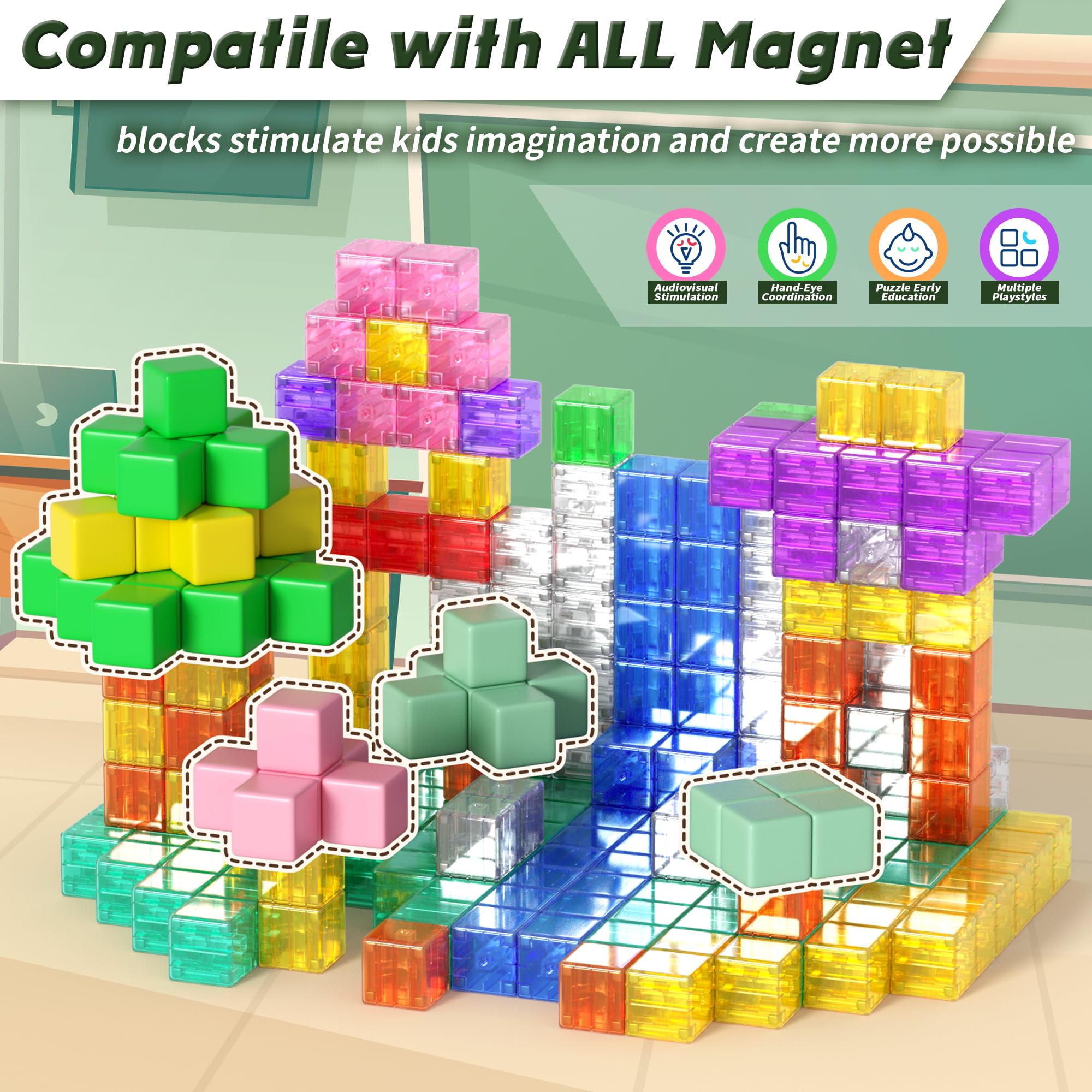 64PCS Magnetic Building Blocks Set - Transparent Rainbow Magnetic Cubes for Kids, STEM Educational Toys for Boys & Girls Ages 3+, Perfect for Indoor & Outdoor Play, Autism Sensory Development & Creative Learning
