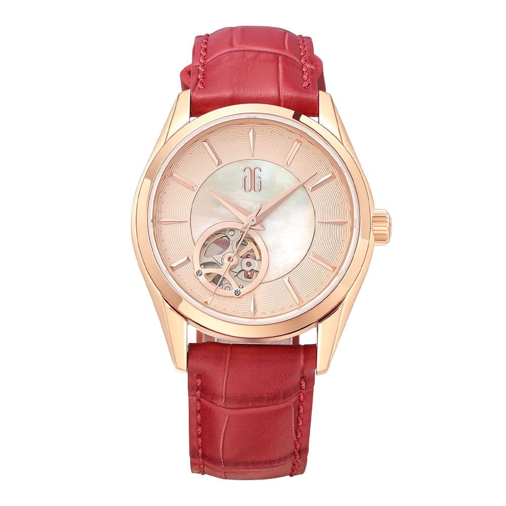 Aries Gold Goldex 8023 Women's Red Leather Strap Watch - Elegant Rose Gold Case - Perfect for Office, Party & Everyday Wear