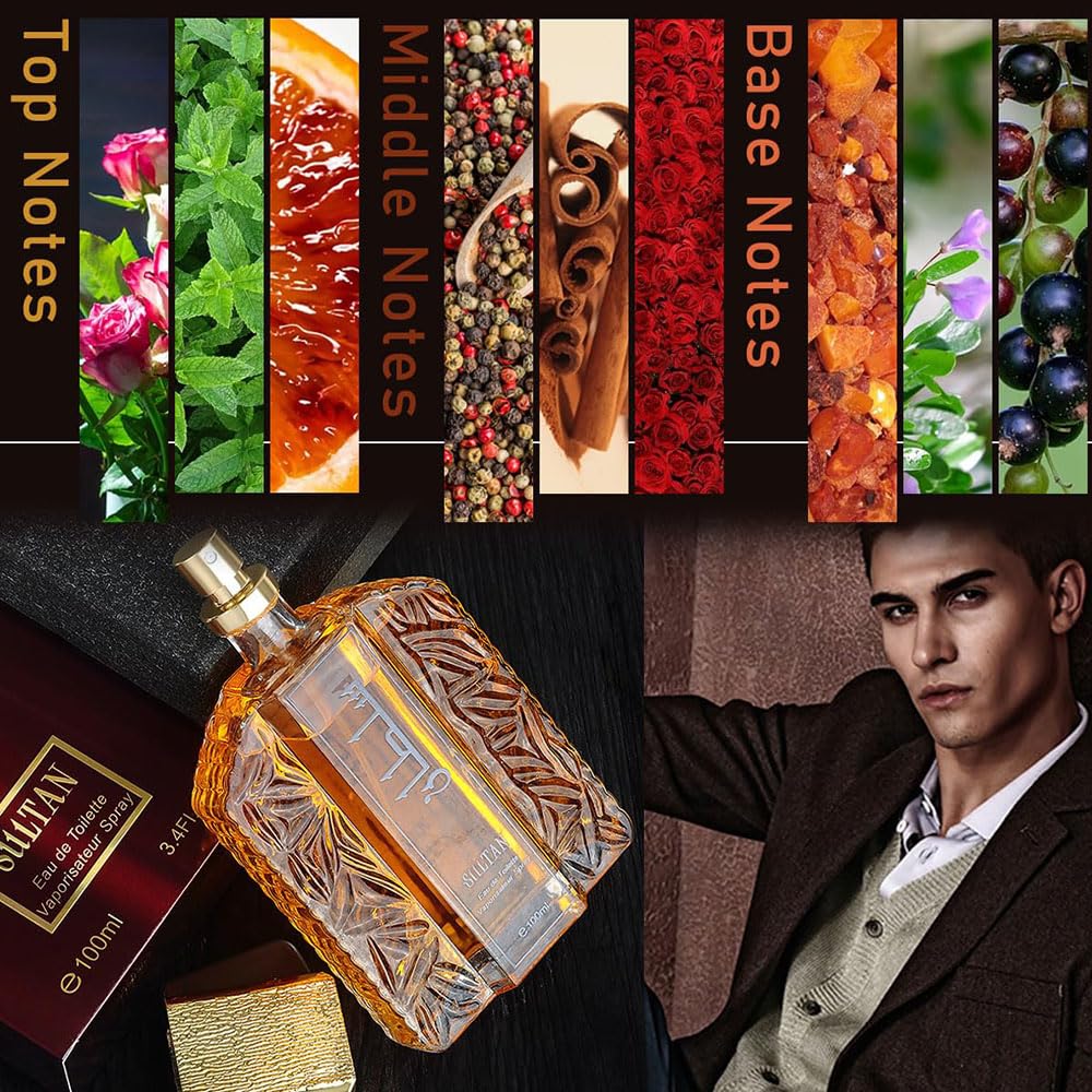 Sultan Gold Perfume Oil for Men - 3.4 Fl.oz Long Lasting Arabian Fragrance, Exotic Dubai Perfume Spray with Elegant Scent - Perfect for Date Night, Special Occasions & Daily Wear (Black Box)