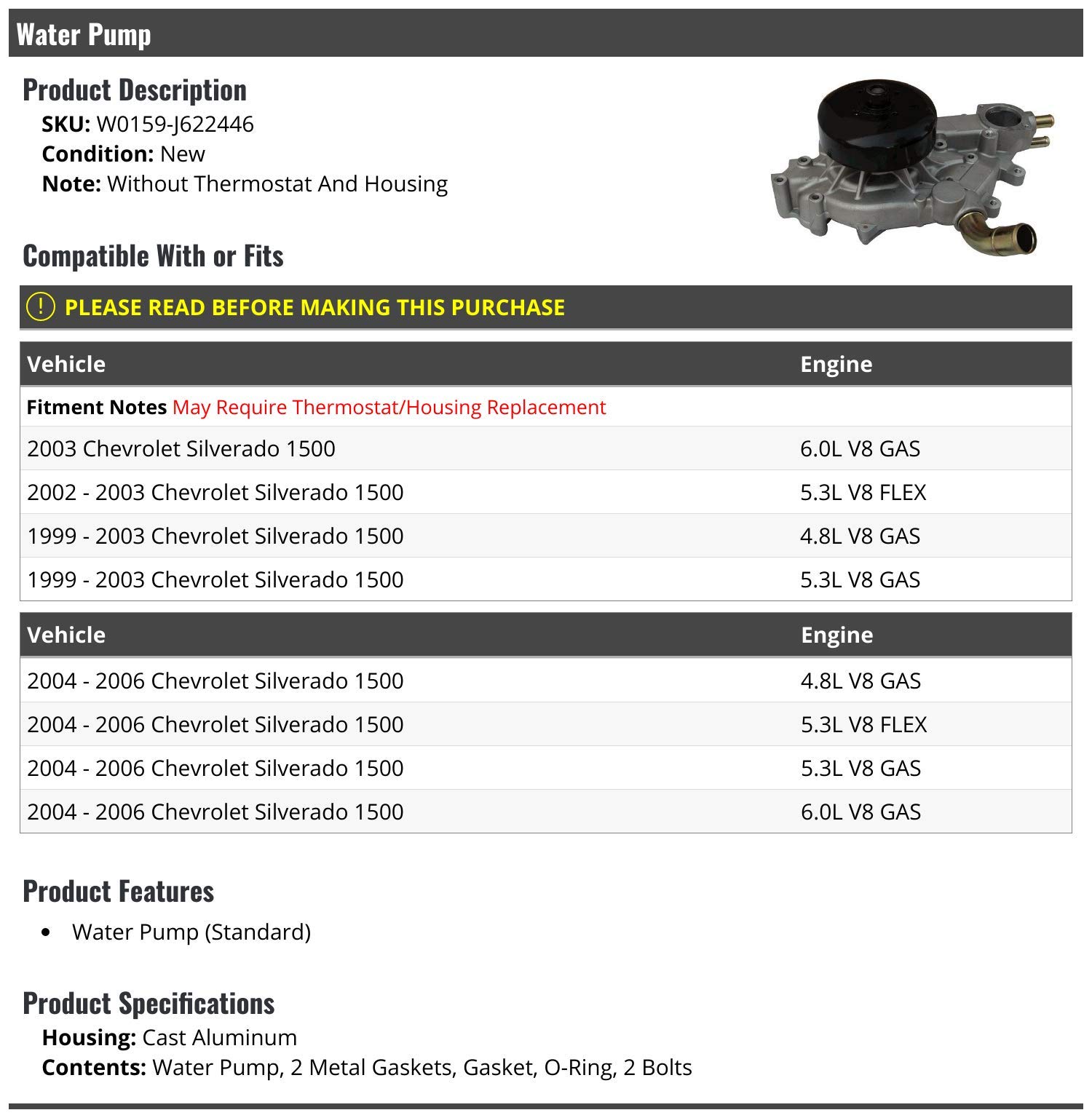 High-Performance Water Pump Replacement for 1999-2006 Chevy Silverado 1500 - No Thermostat & Housing - Engine Cooling System Part for Pickup Trucks & Off-Road Vehicles