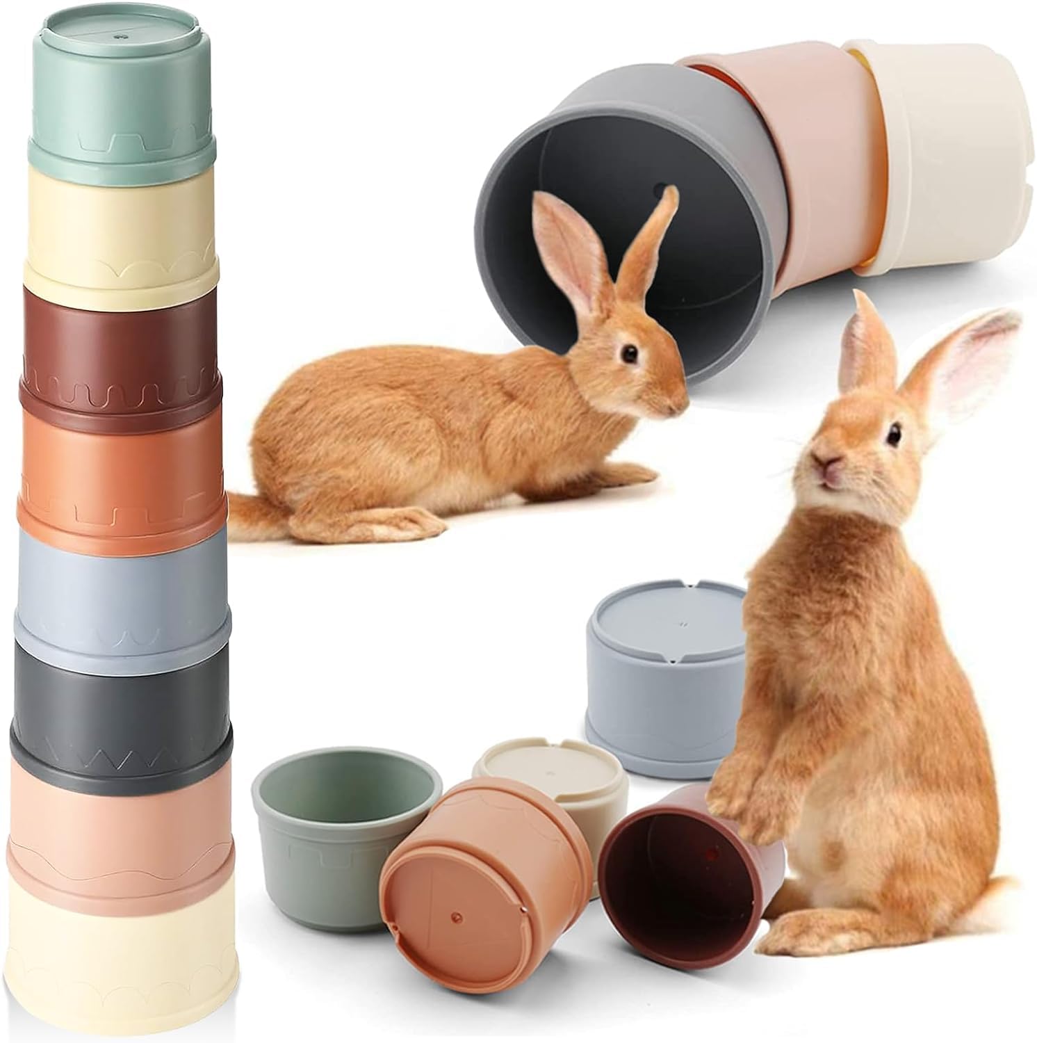THJOPOKEEL 8Pcs Colorful Plastic Stacking Cups for Rabbits, Small Animals - Chinchilla, Guinea Pig & Parrot - Interactive Pet Nesting Snack Cups for Hiding Food, Foraging & Playtime Fun | Great for Cage Enrichment & Training Activities