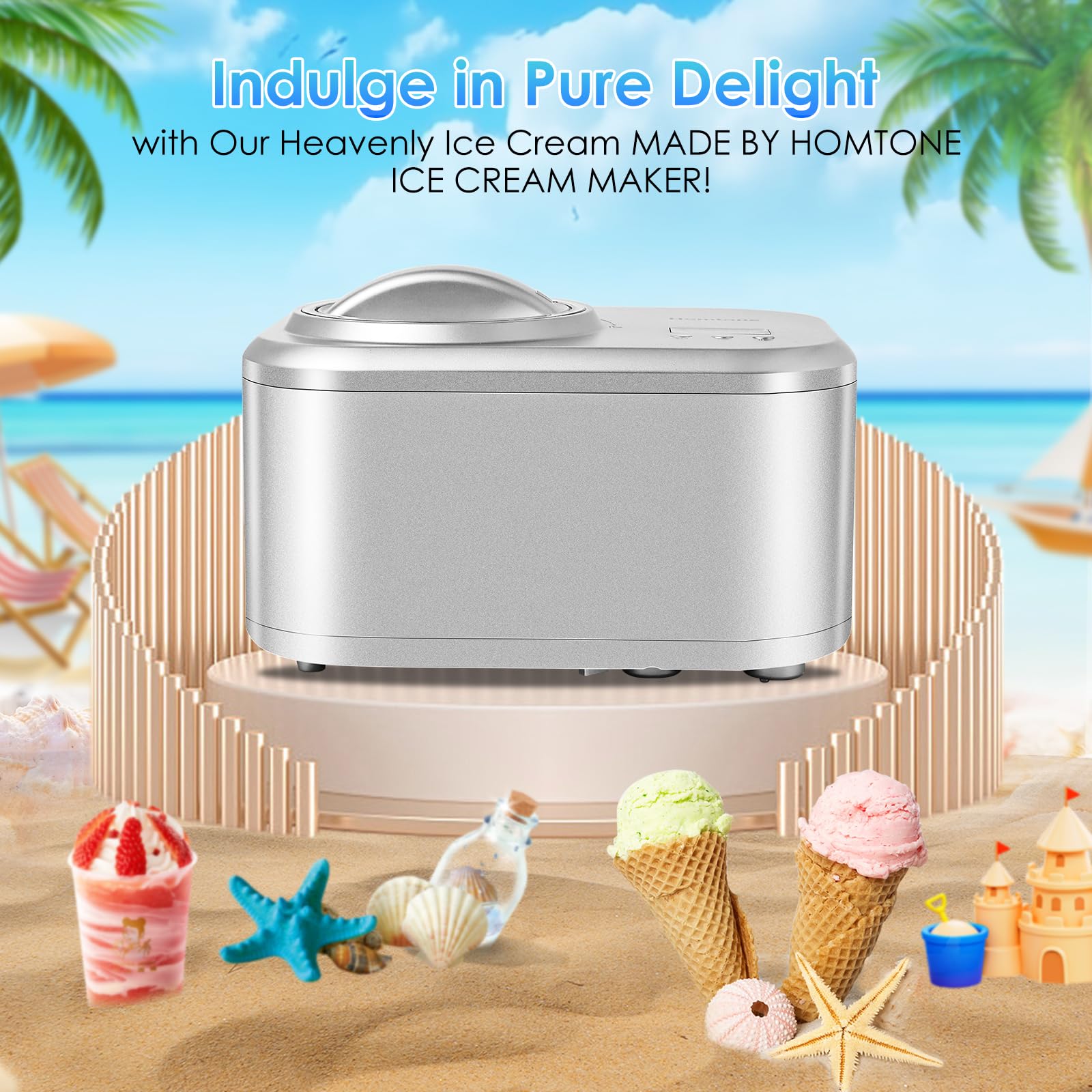Homtone 1 Quart Automatic Ice Cream Maker with Built-in Compressor & LCD Timer - Make Ice Cream, Gelato, Frozen Yogurt in 30-60 Minutes | No Pre-Freezing Needed | Perfect for Home Kitchens, Parties & Dessert Shops