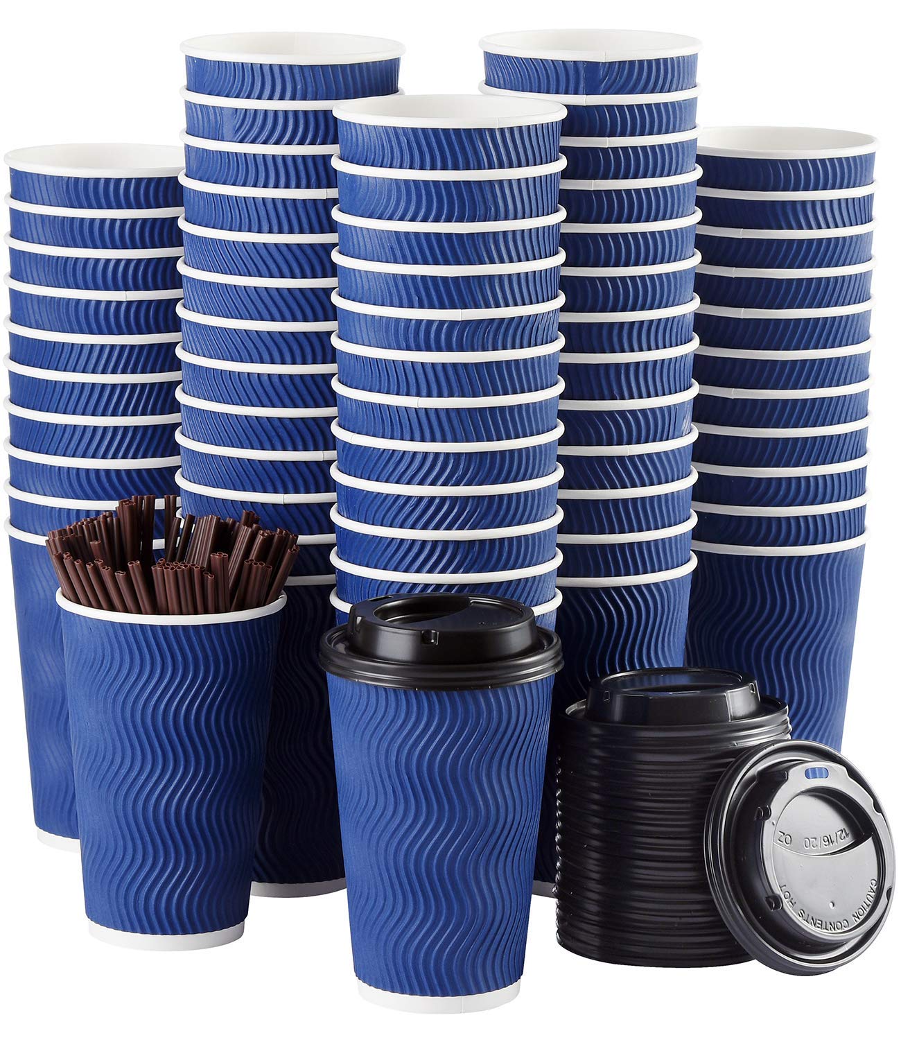16 oz Disposable Coffee Cups with Lids & Straws - 90 Pack Insulated Hot/Cold Paper Cups for Beverages, Espresso, Tea - Leakproof & Heat Resistant for Takeout, Office, Cafes, Parties, and Outdoor Events