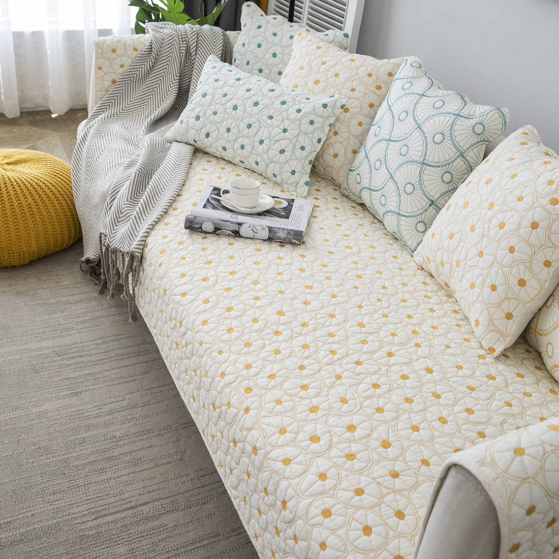 VCTOPS Embroidered Cotton Quilted Sofa Cover - Soft Sectional Couch Slipcover for Pets (Yellow, 36