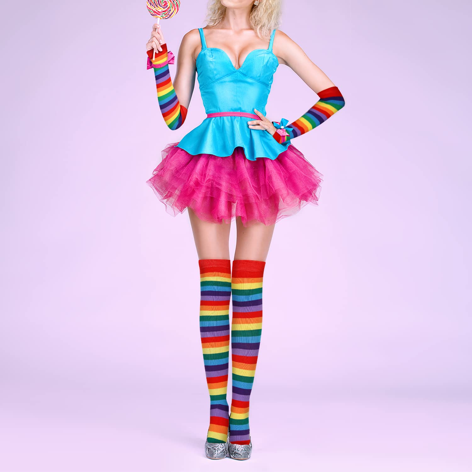 Benefeet Women's Striped Thigh High Socks & Arm Warmers Set - Knee High Stockings with Fingerless Gloves for Halloween Costumes, Cosplay, Winter Fashion and Dance Performances