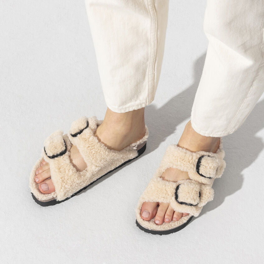 Birkenstock Arizona Big Buckle Shearling Sandals for Women - Soft Teddy Eggshell Color - Comfortable Orthopedic Footbed - Perfect for Casual Wear, Home & Travel