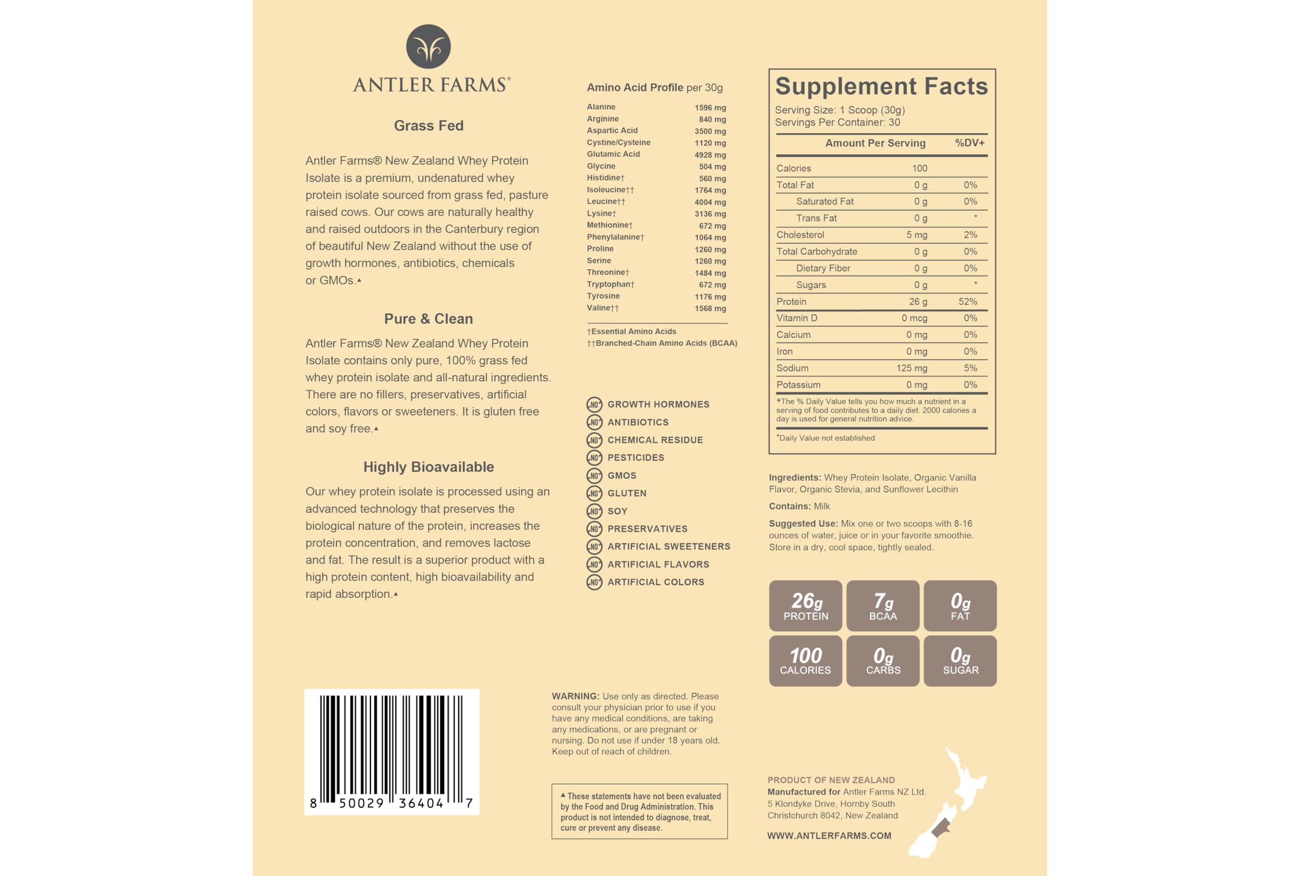 Antler Farms 100% Grass Fed Whey Protein Isolate from New Zealand - Vanilla Flavor, 2 lbs | Pure, Clean, Only 4 Ingredients | Delicious & Cold Processed | Perfect for Post-Workout Recovery & Muscle Building