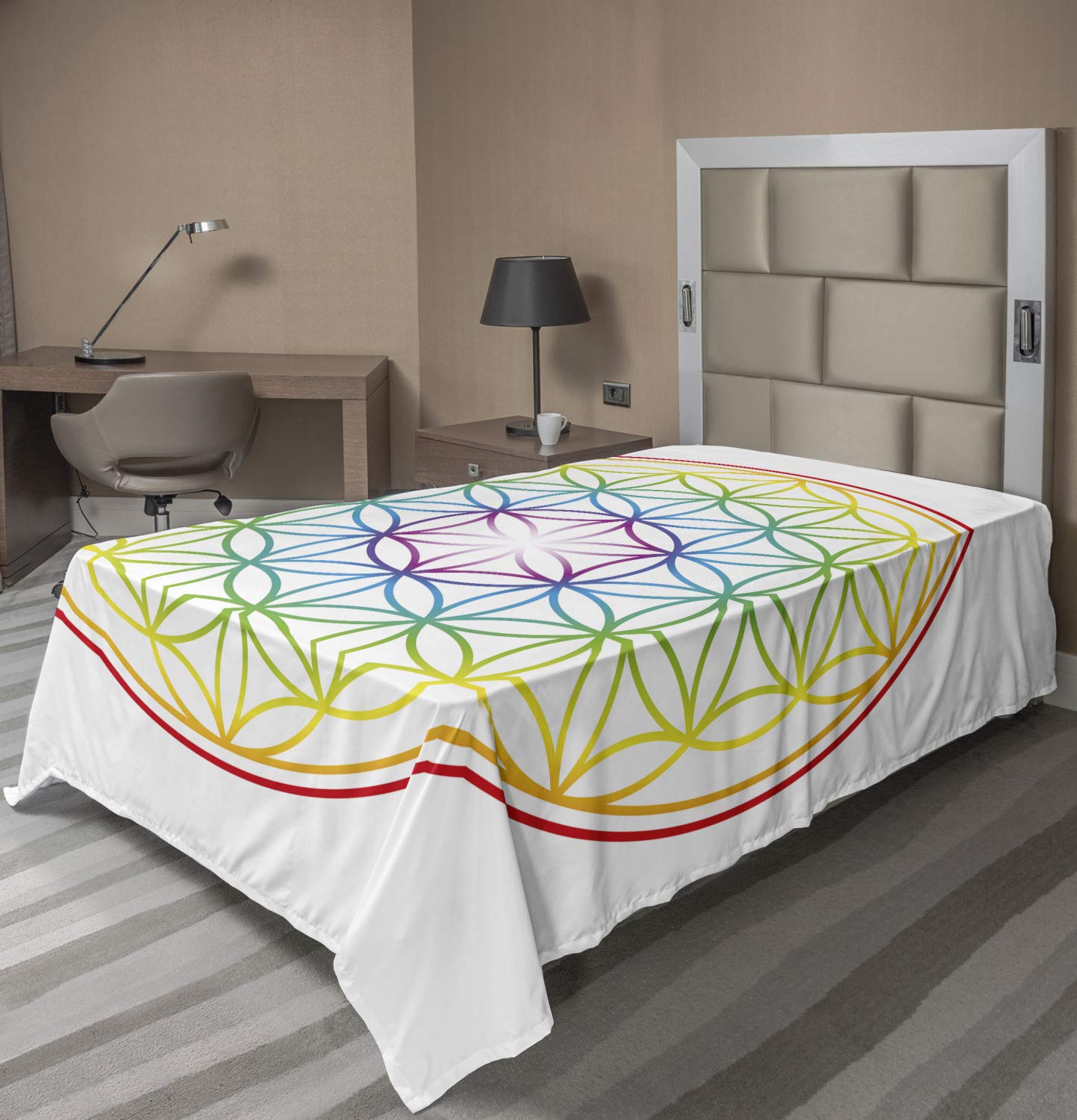 Ambesonne Colorful Flat Sheet - Flower of Life Pattern with Radiant Cosmic Space Print | Soft & Comfortable Twin XL Top Sheet | Decorative Bedding for Modern Bedrooms, Guest Rooms & Dorm Rooms | Multicolor