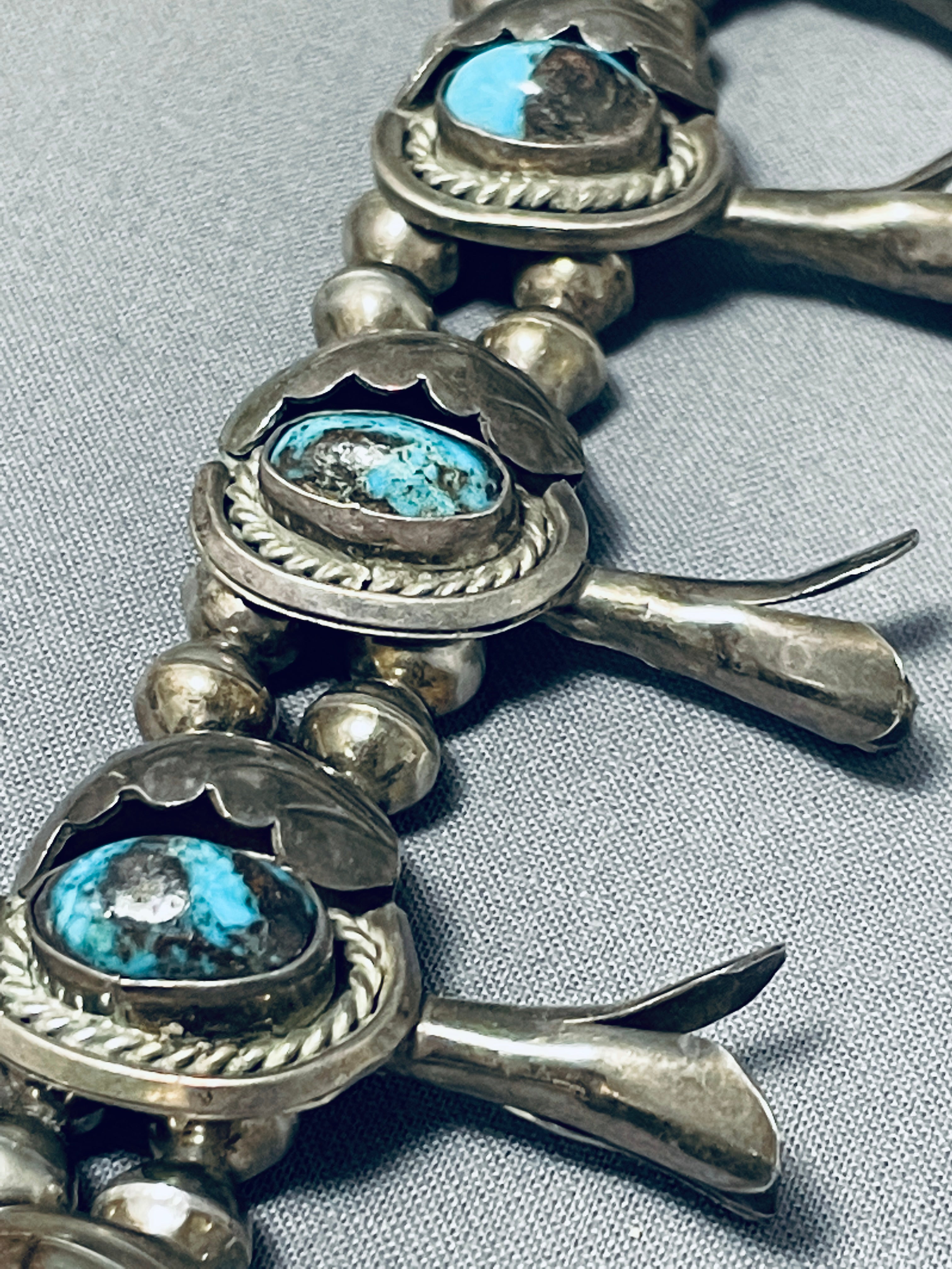Authentic 100% Bisbee Turquoise Vintage Native American Navajo Sterling Silver Squash Blossom Necklace | Handcrafted Jewelry for Women | Perfect for Boho Fashion, Weddings & Special Occasions