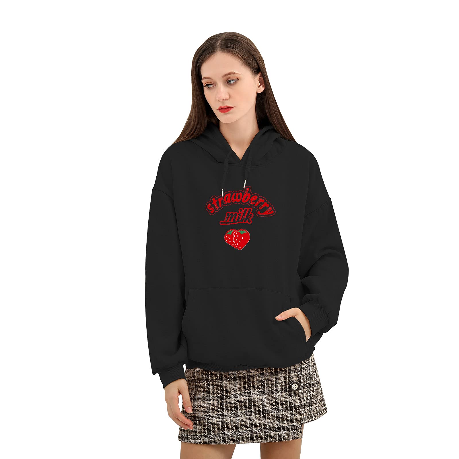 Cute Strawberry Milk Hoodie for Women - Korean Harajuku Style Cotton Loose Long Sleeve Kawaii Sweatshirt with Pockets | Casual Streetwear, Anime Cosplay, Kawaii Fashion Outfit