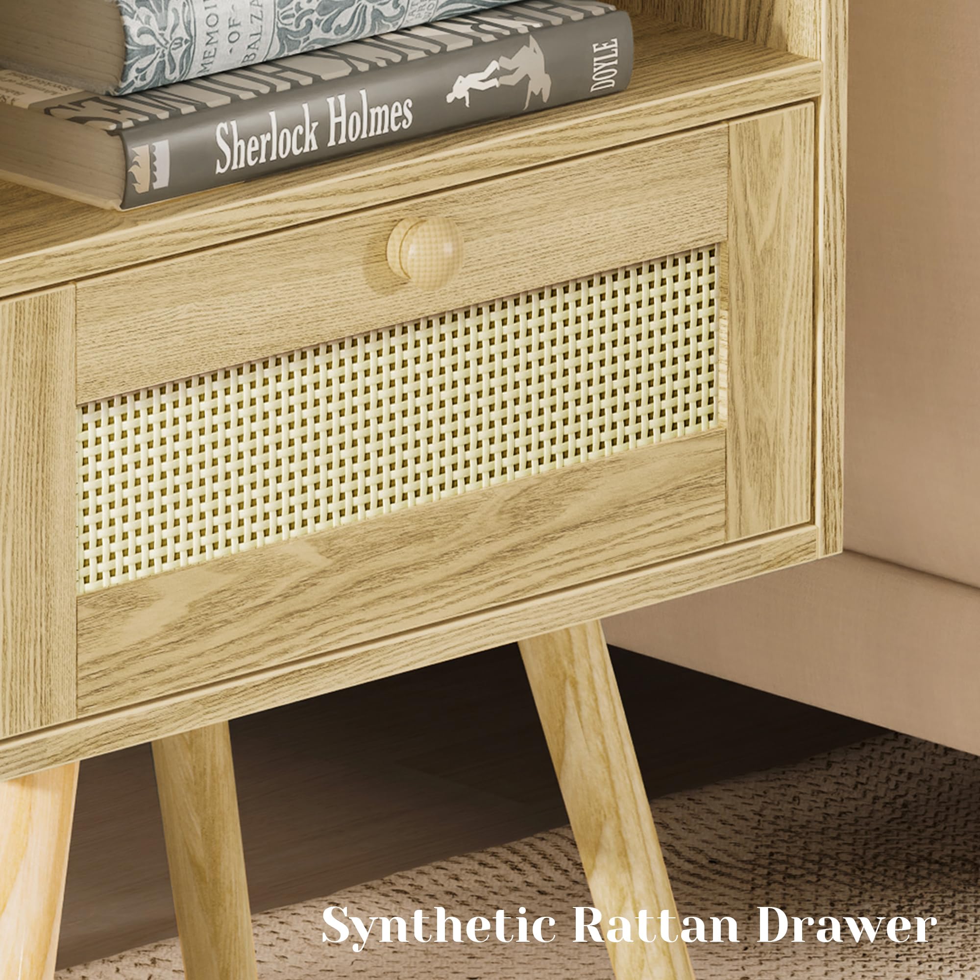 Premium Nightstands Set of 2 with USB Charging Station & Rattan Drawers - Solid Wood Bedside Tables with PE Woven Decor for Bedroom, Living Room, Office - Natural Finish - Perfect for Small Spaces & Modern Home Decor