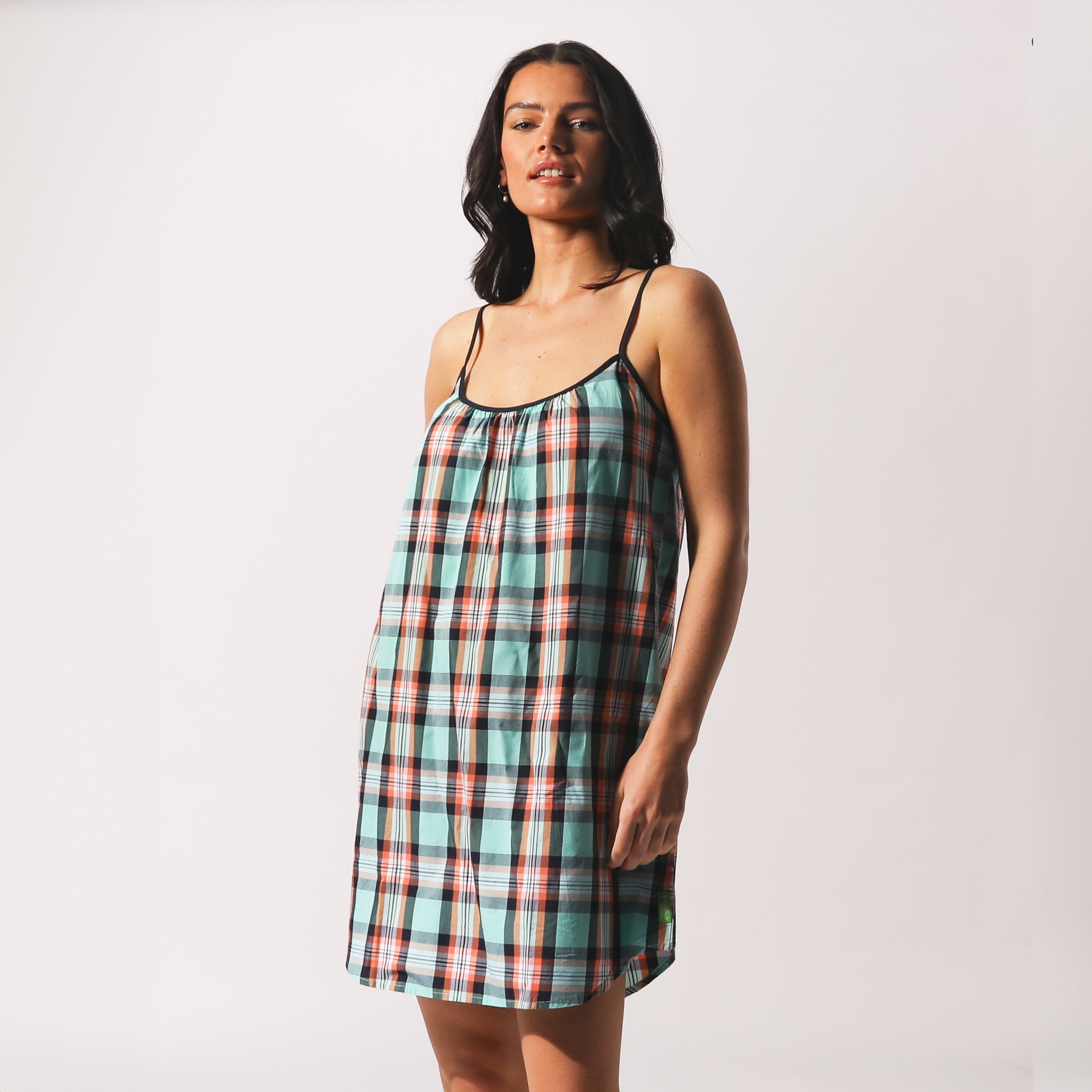 Women's Sky Blue Beachy Check Woven Chemise Nightgown - Soft Summer Sleepwear for Vacation & Lounge Wear