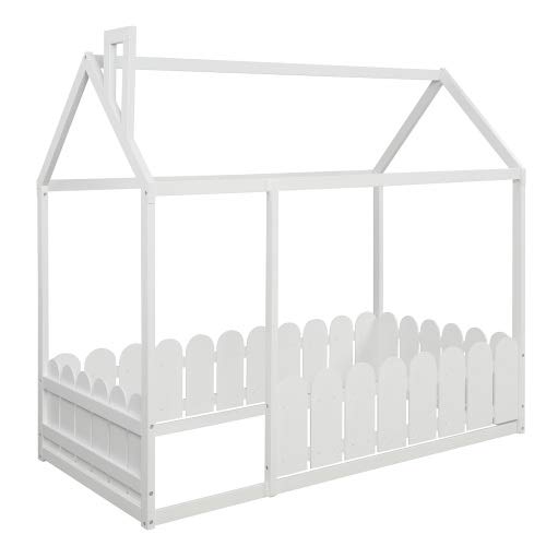 Solid Wood Twin Bed Frame with Safety Fence - Cabin Style Floor Bed for Kids, Nursery Furniture & Play Tent (White) - Perfect for Toddler Rooms, Montessori Bedrooms & Cozy Play Spaces